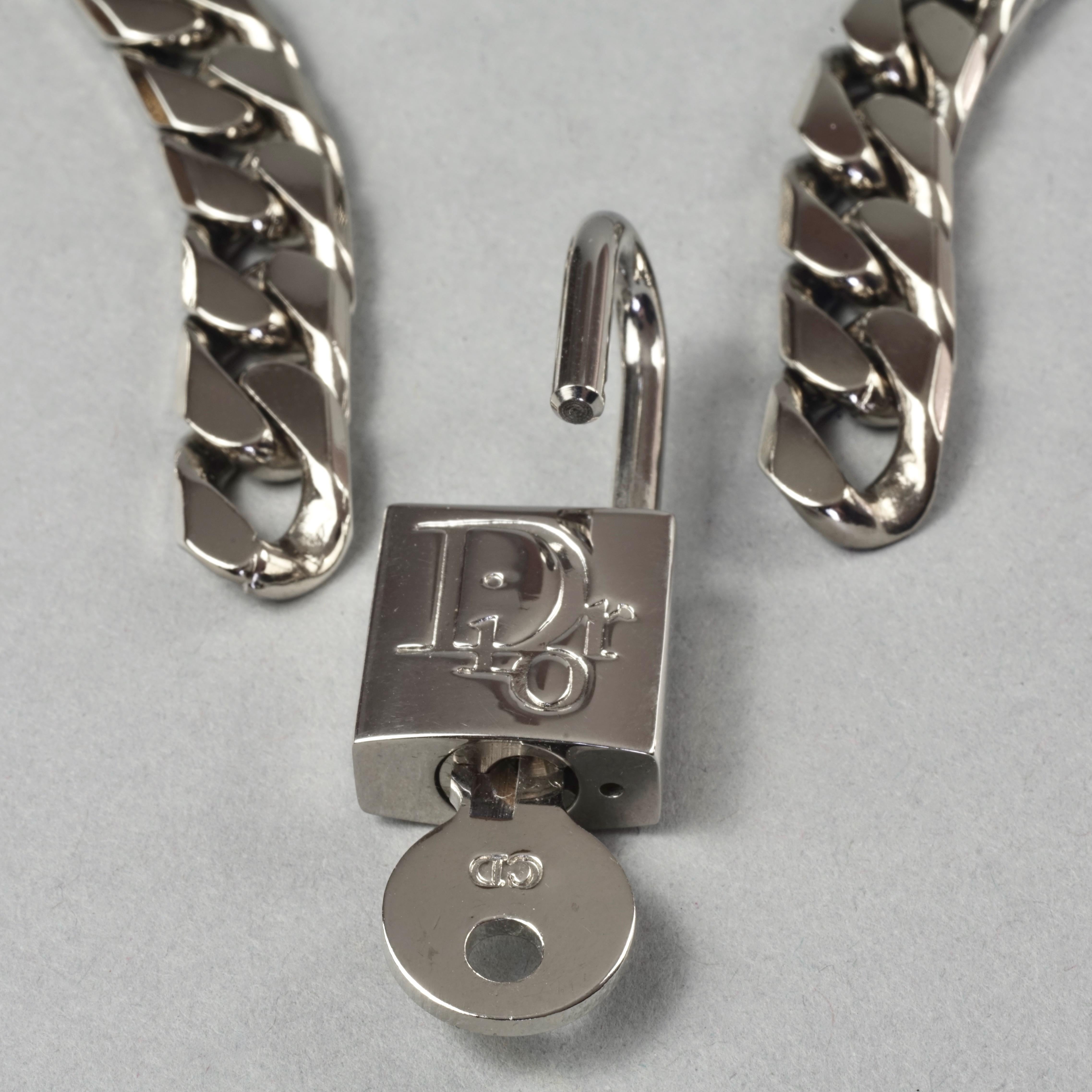 Vintage CHRISTIAN DIOR Logo Cadena Padlock Key Pendant Chain Silver Necklace 3
