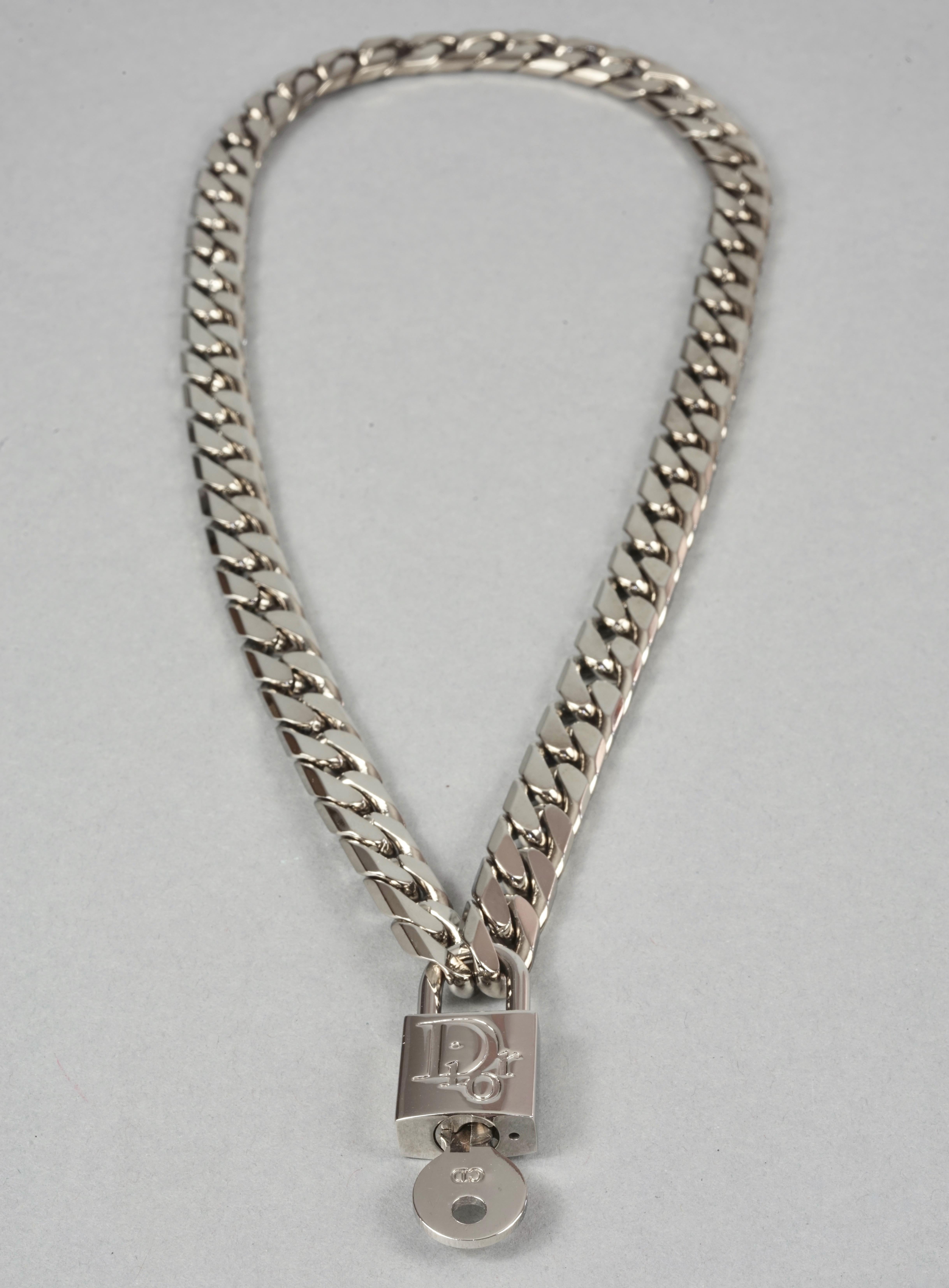 Women's Vintage CHRISTIAN DIOR Logo Cadena Padlock Key Pendant Chain Silver Necklace