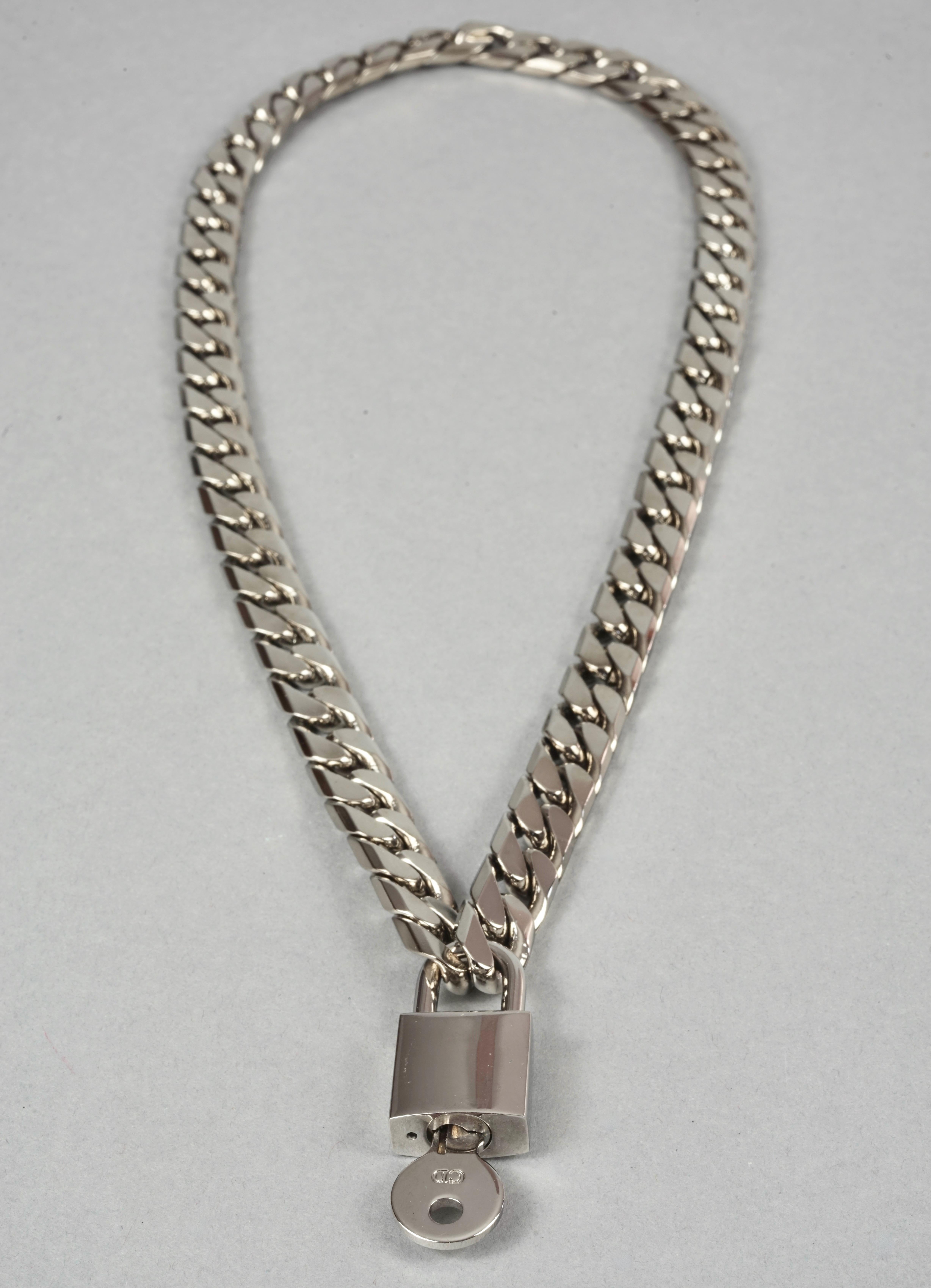 Vintage CHRISTIAN DIOR Logo Cadena Padlock Key Pendant Chain Silver Necklace 1