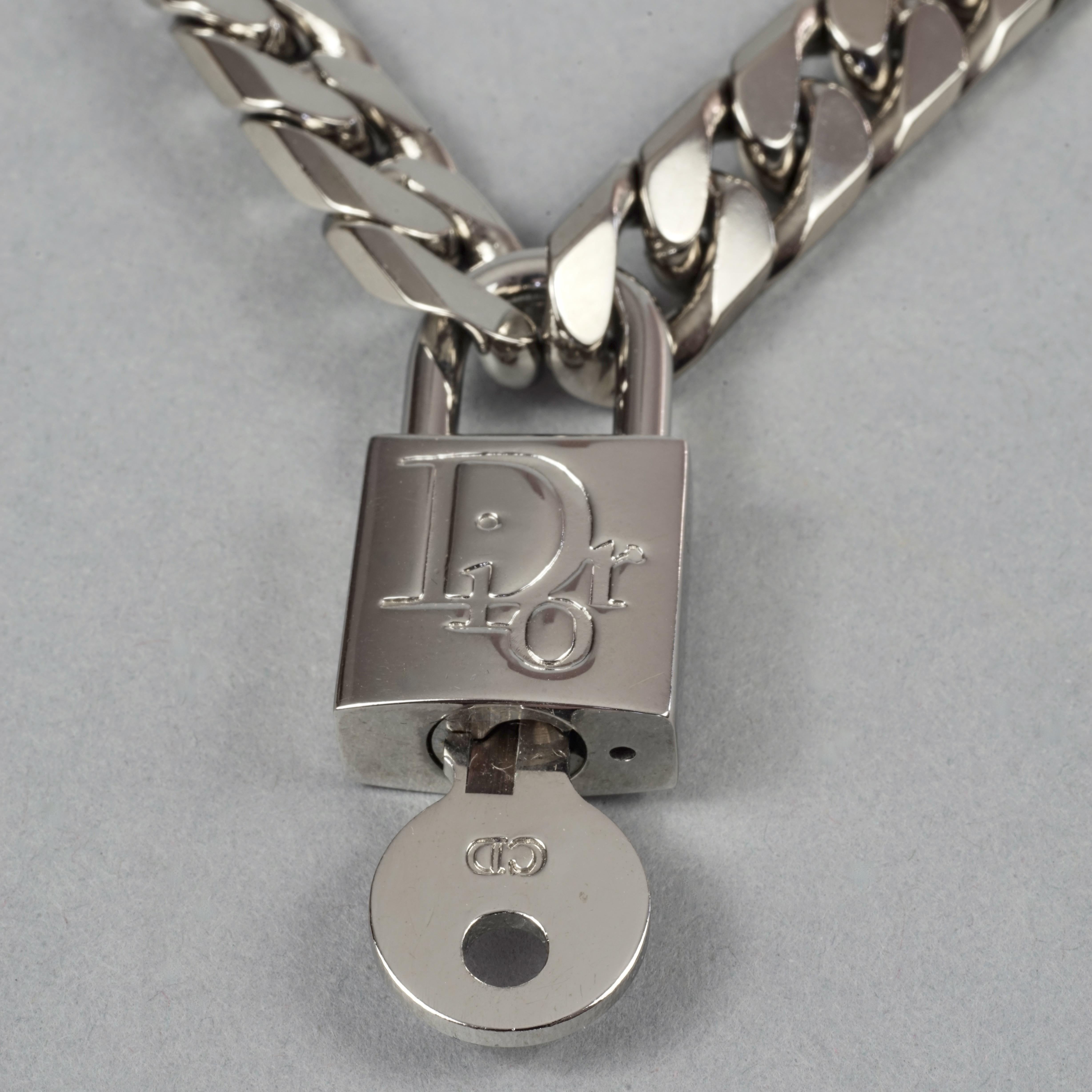 Vintage CHRISTIAN DIOR Logo Cadena Padlock Key Pendant Chain Silver Necklace 2