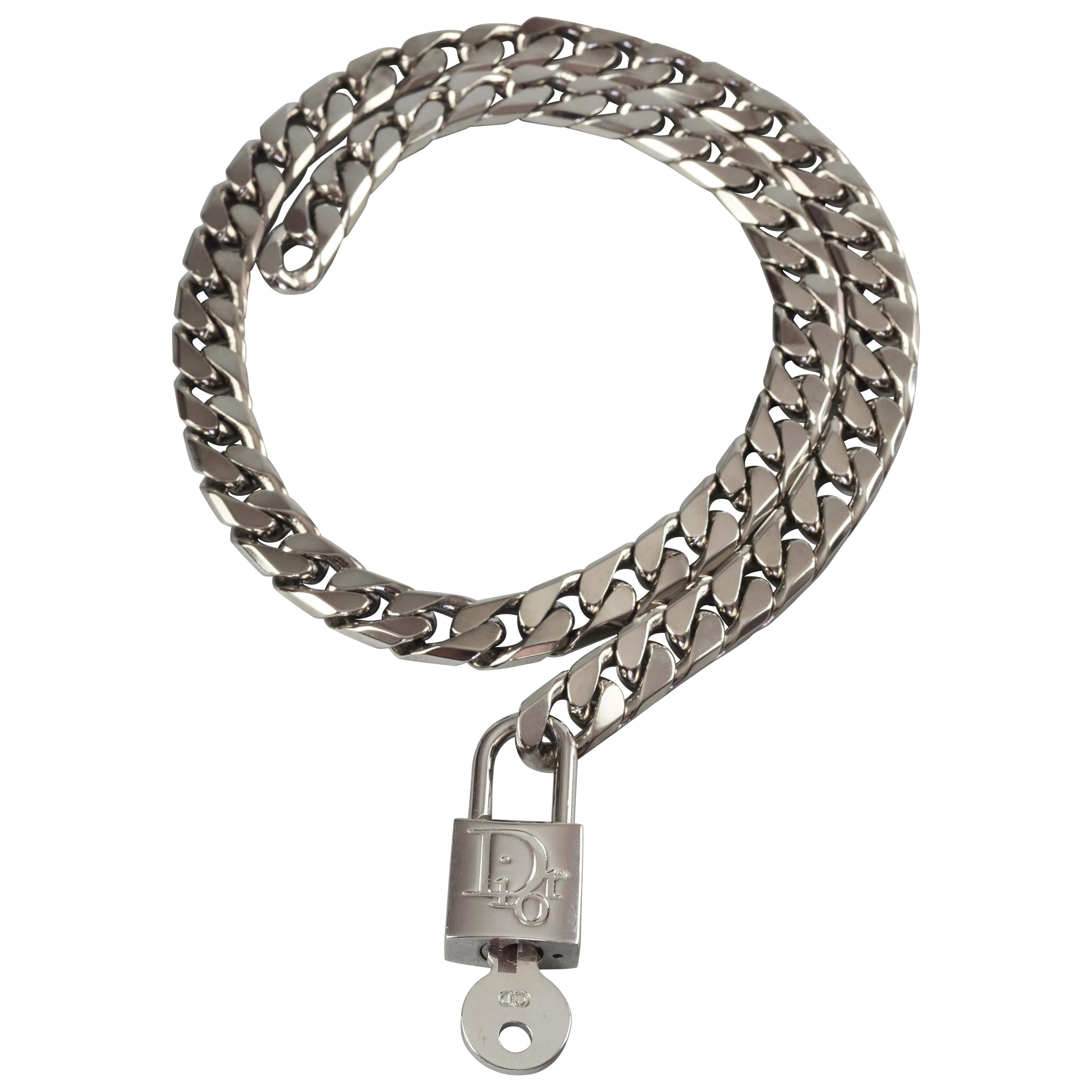Vintage CHRISTIAN DIOR Logo Cadena Padlock Key Pendant Chain Silver Necklace