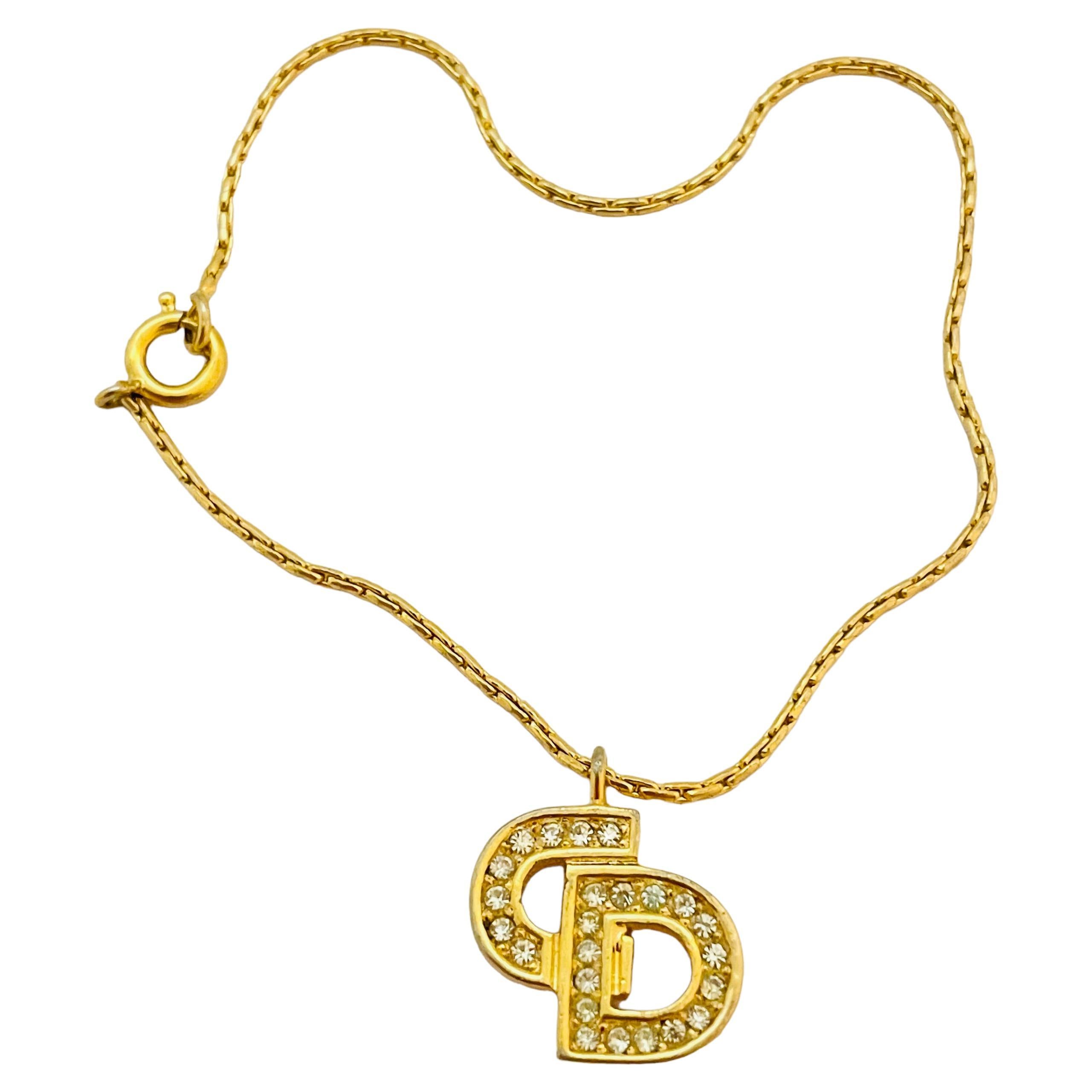 Vintage CHRISTIAN DIOR logo gold crystal designer runway bracelet For Sale