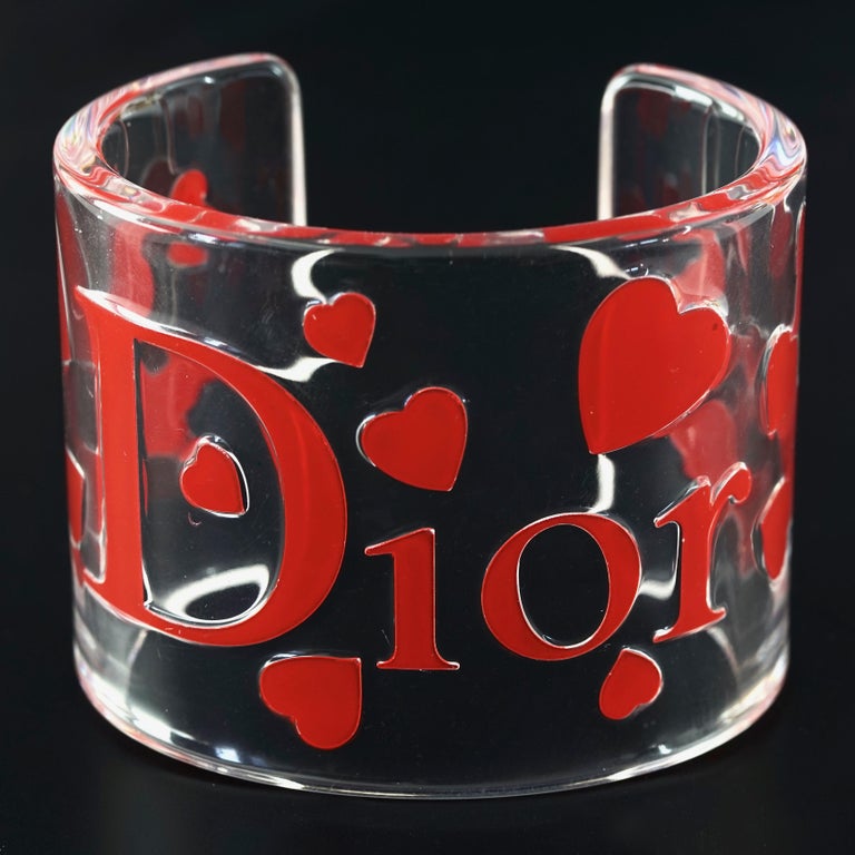 Women's Vintage CHRISTIAN DIOR Logo Heart Lucite Cuff Bracelet For Sale