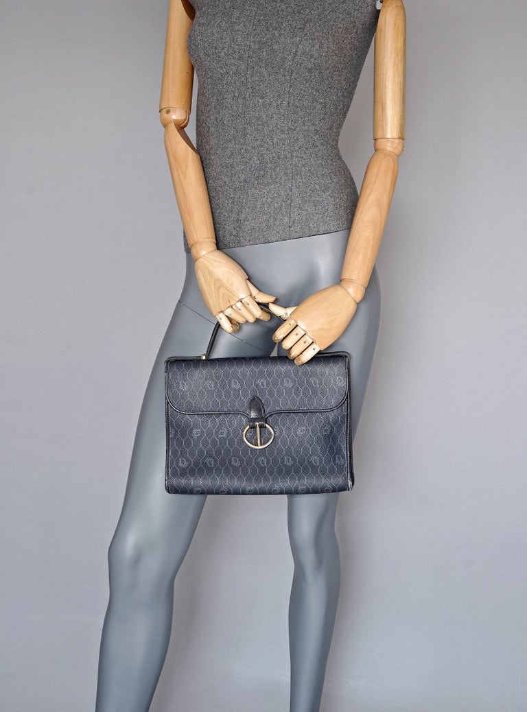 Vintage CHRISTIAN DIOR Logo Coated Monogram Top Handle Navy Blue Bag at 1stDibs