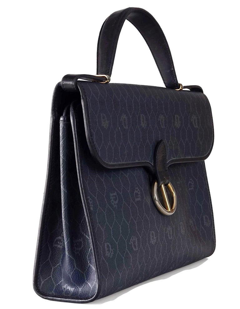 Vintage CHRISTIAN DIOR Logo Coated Monogram Top Handle Navy Blue Bag at 1stDibs