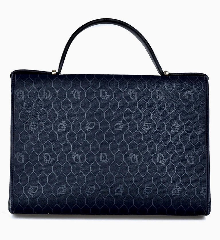 Vintage CHRISTIAN DIOR Logo Coated Monogram Top Handle Navy Blue Bag at 1stDibs