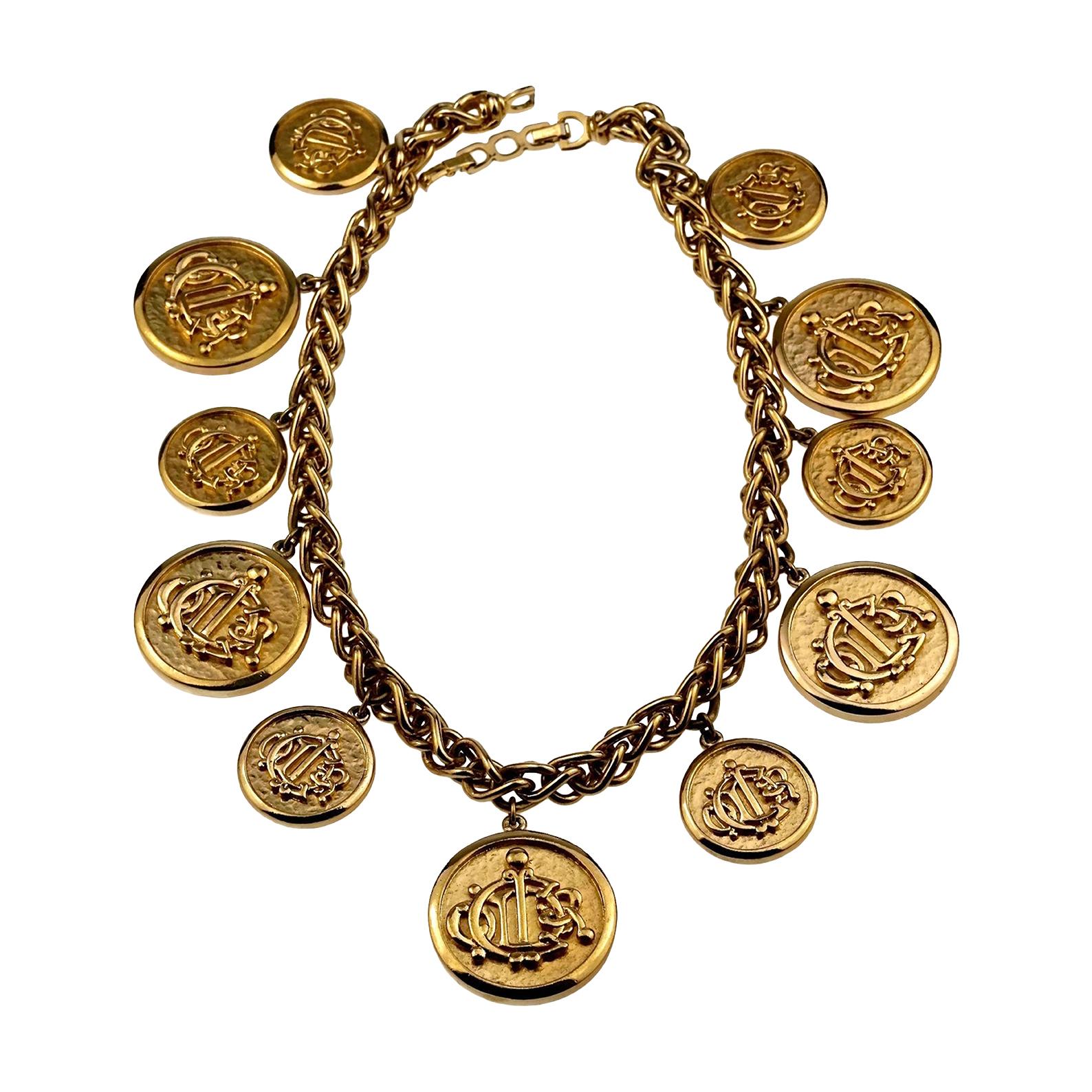 Vintage CHRISTIAN DIOR Logo Insignia Medallion Charm Necklace For Sale