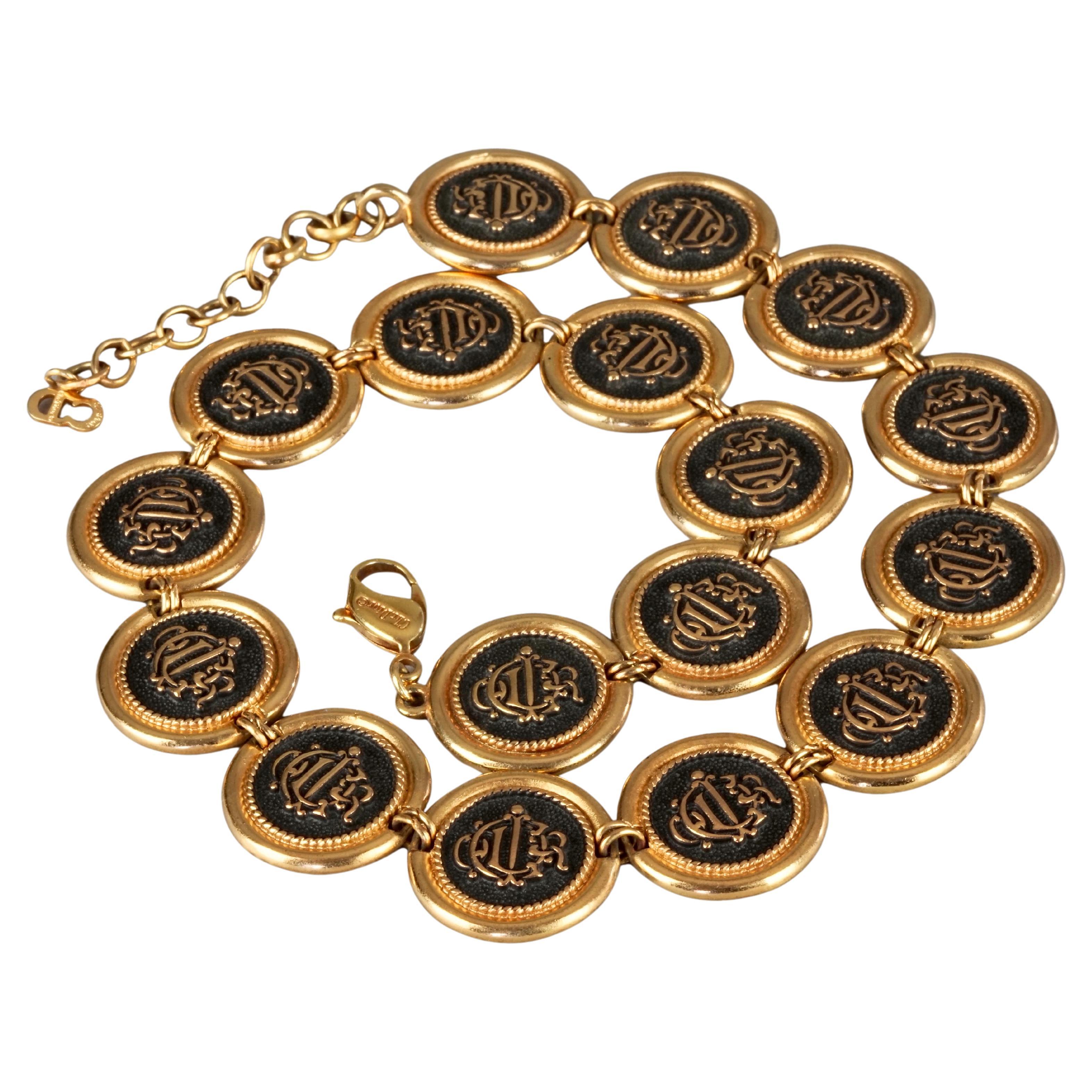 Vintage CHRISTIAN DIOR Logo Insignia Medallion Link Necklace For Sale