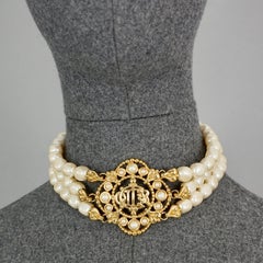 Vintage CHRISTIAN DIOR Logo Insignia Medallion Tiered Pearl Choker Necklace