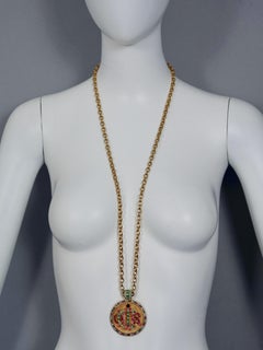 Vintage CHRISTIAN DIOR Logo Insignia Multicolor Rhinestones Medallion Necklace