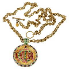 Vintage CHRISTIAN DIOR Logo Insignia Multicolor Rhinestones Medallion Necklace