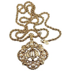 Vintage CHRISTIAN DIOR Logo Insignia Pearl Medallion Necklace