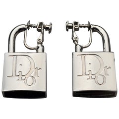 Vintage CHRISTIAN DIOR Logo Padlock Silver Earrings