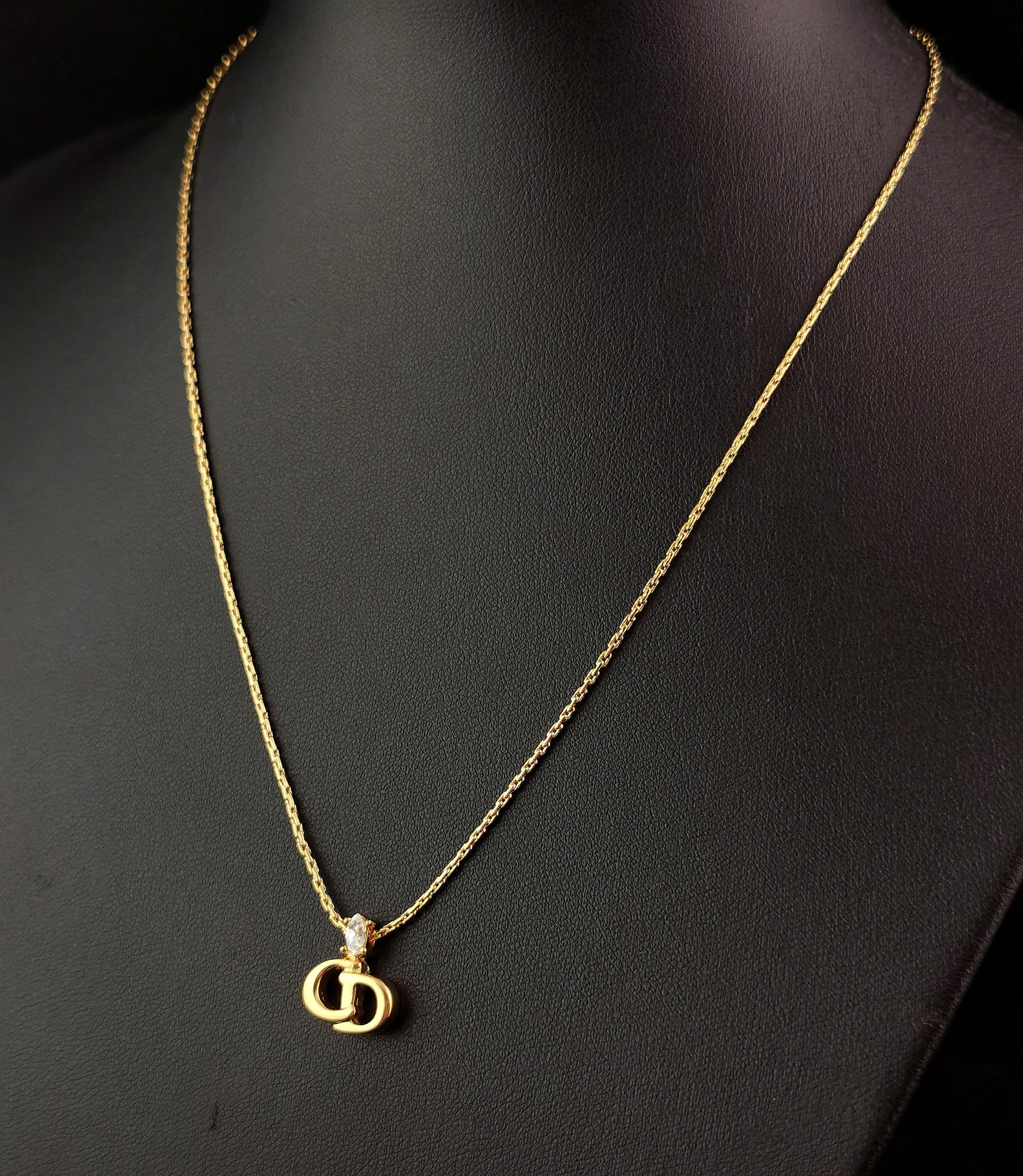 Vintage Christian Dior logo pendant necklace, gold plated, Diamante  For Sale 6