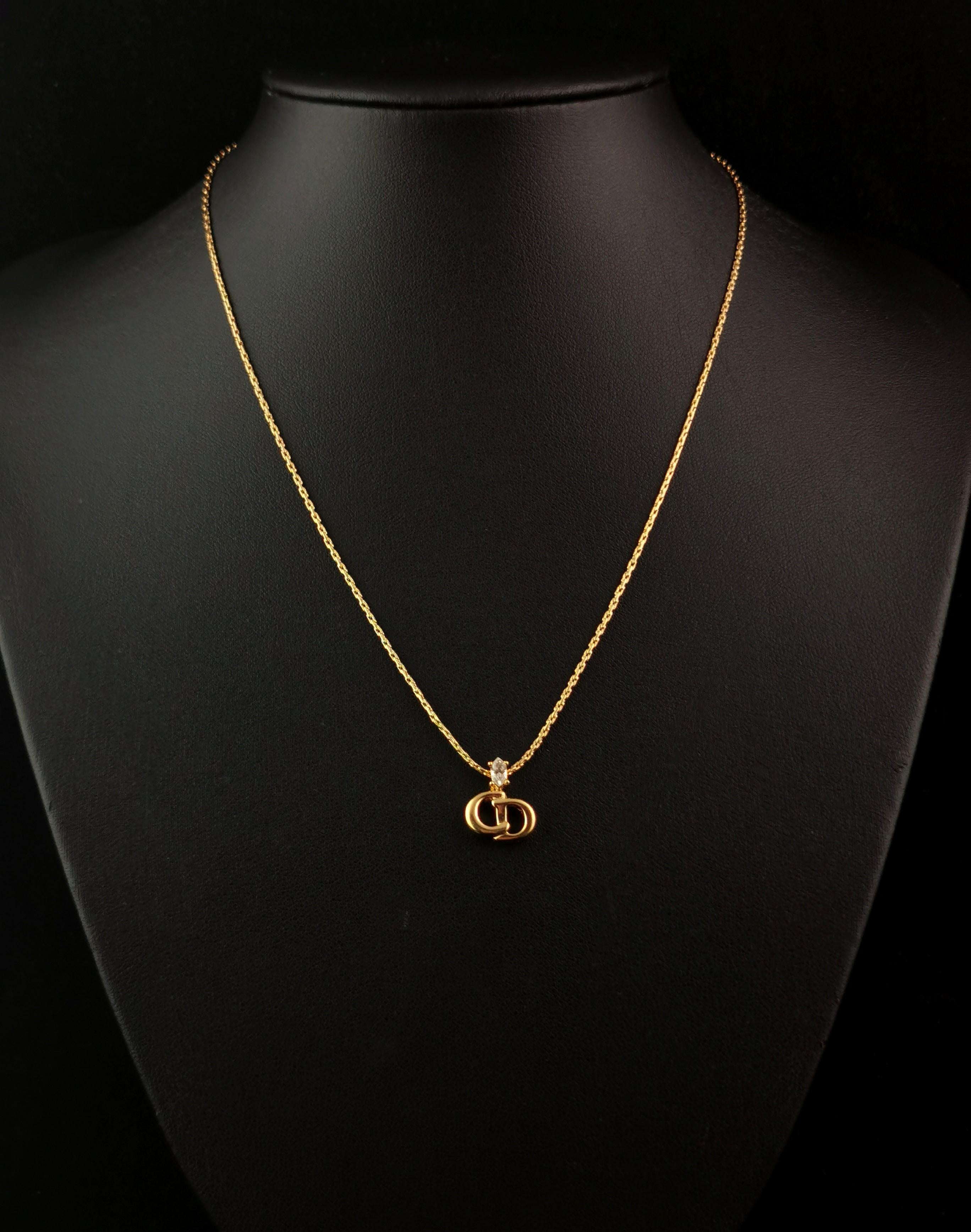 Modern Vintage Christian Dior logo pendant necklace, gold plated, Diamante  For Sale