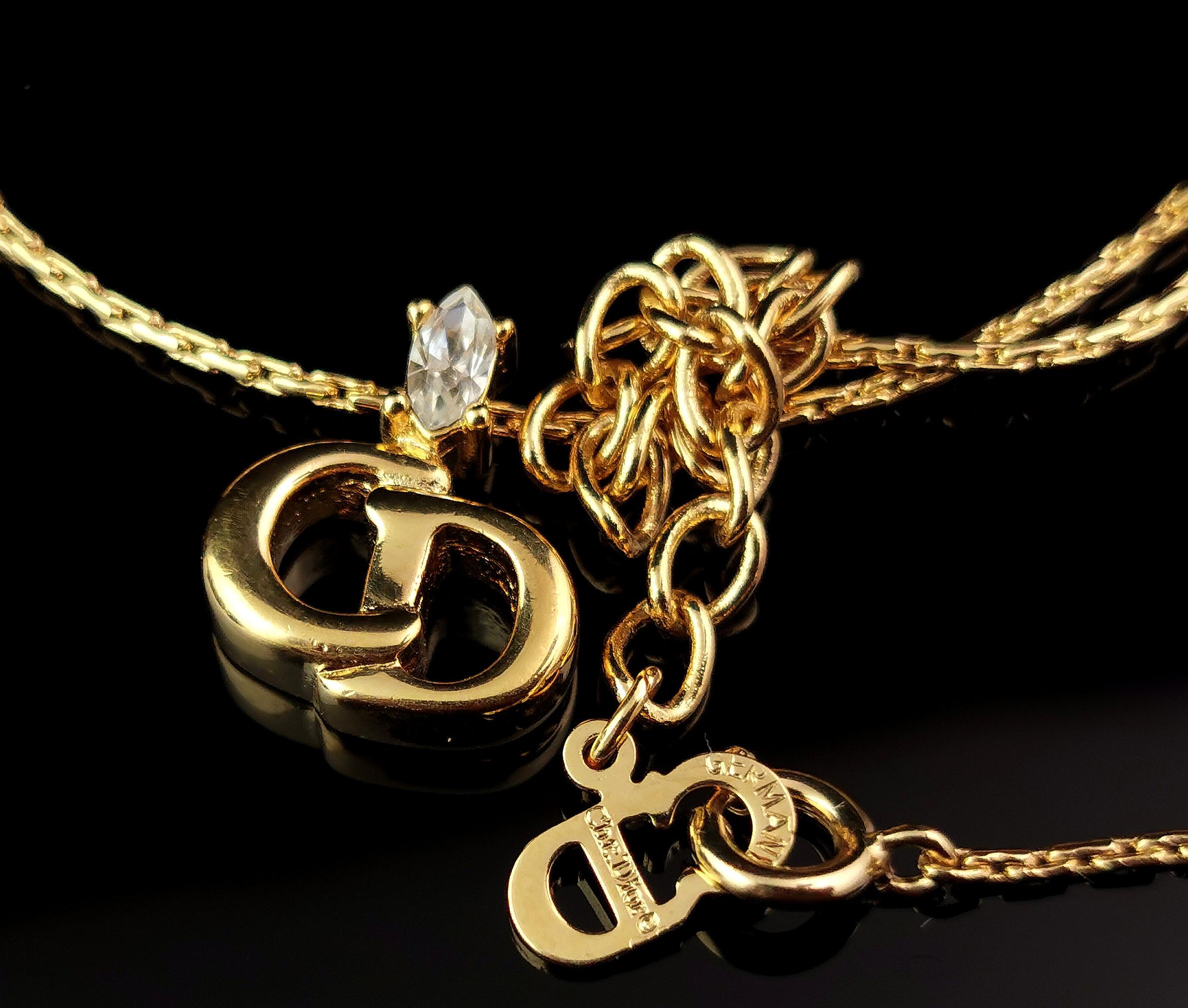 Women's Vintage Christian Dior logo pendant necklace, gold plated, Diamante  For Sale