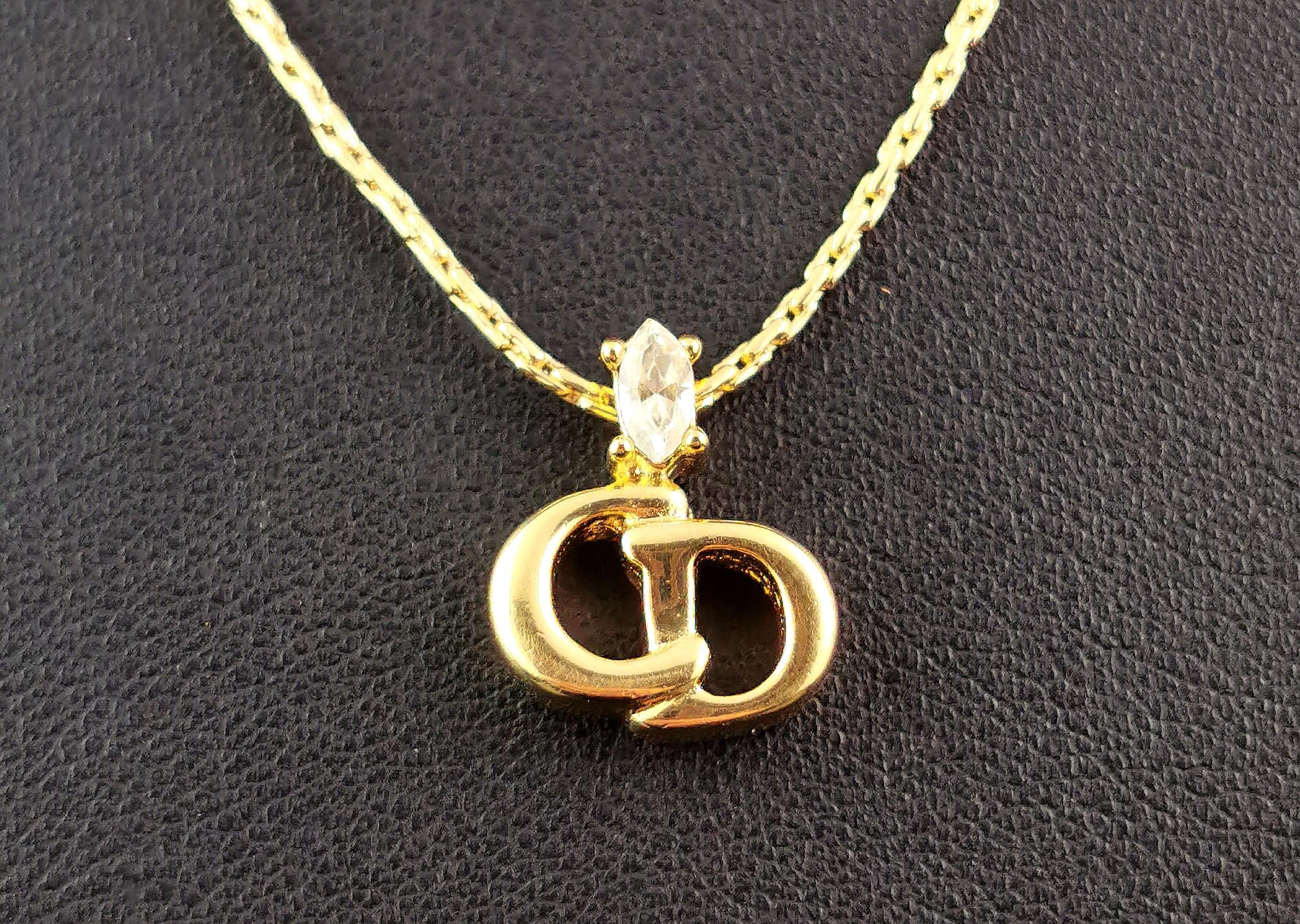 Vintage Christian Dior logo pendant necklace, gold plated, Diamante  For Sale 4