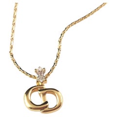Retro Christian Dior logo pendant necklace, gold plated, Diamante 
