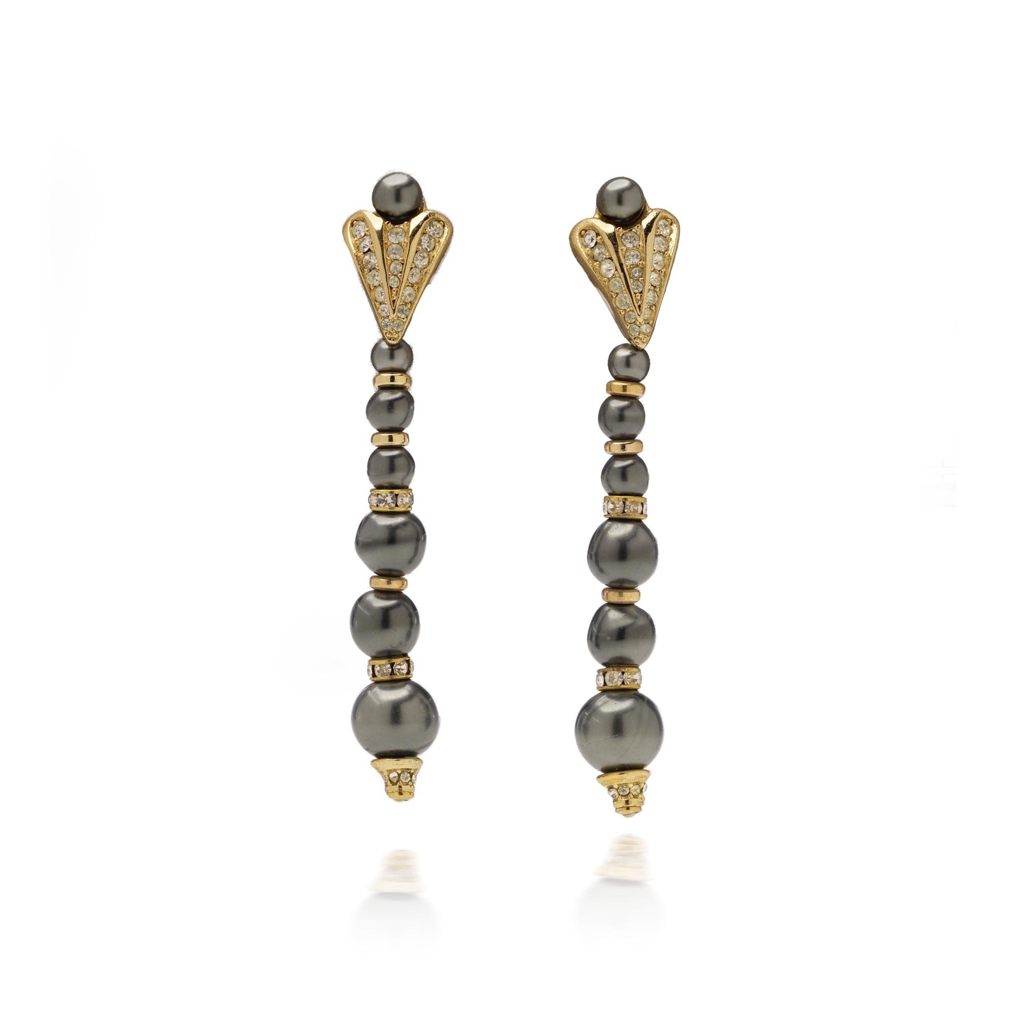 Women's Vintage Christian Dior Long Dangle Clip-On Earrings with Grey Beads & Crystals For Sale