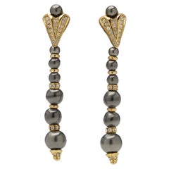 Vintage Christian Dior Long Dangle Clip-On Earrings with Grey Beads & Crystals
