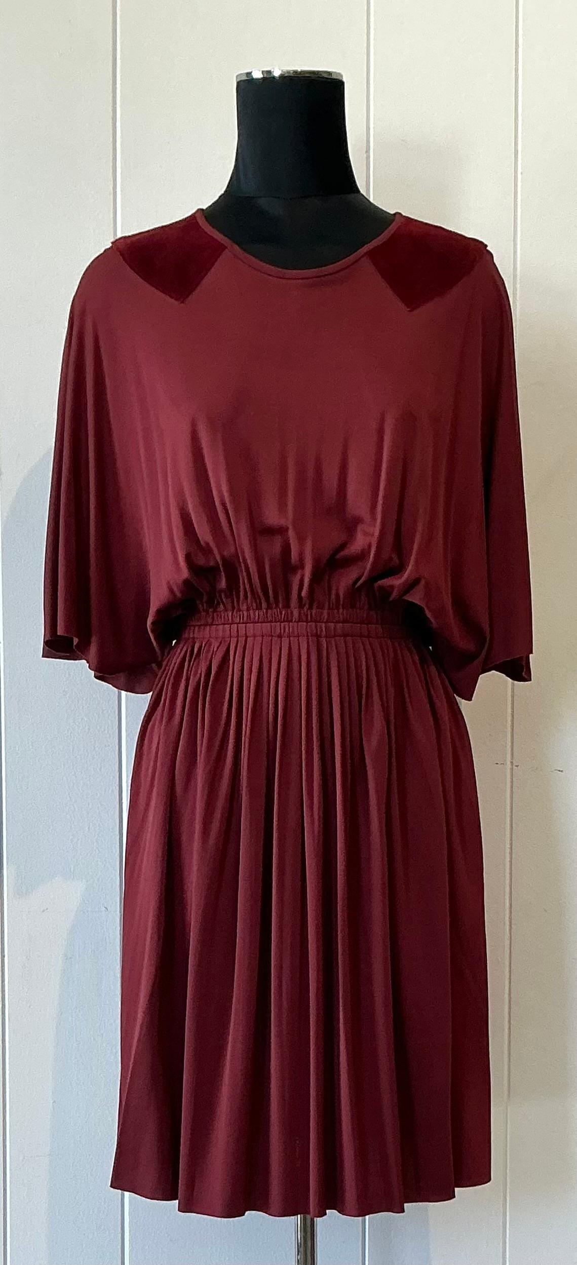 Vintage Christian Dior Maroon Flutter Dress with Pleated Skirt In Good Condition For Sale In West Palm Beach, FL