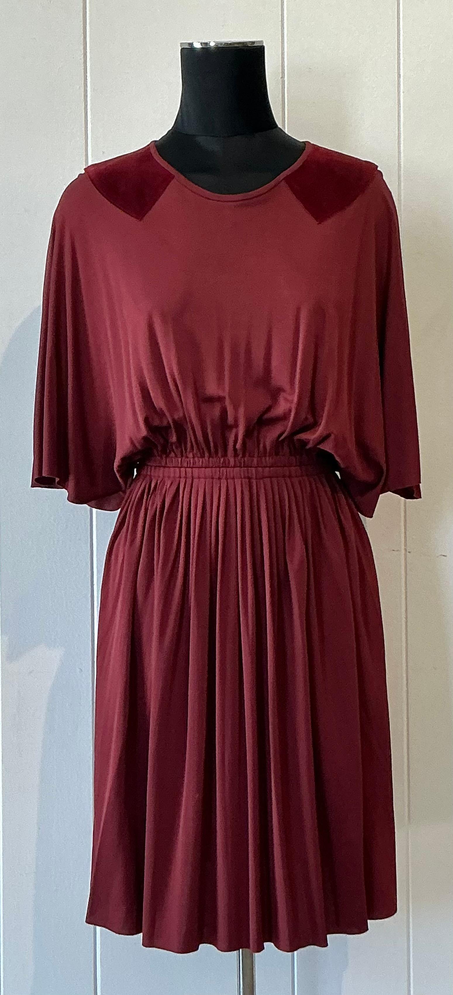 Women's Vintage Christian Dior Maroon Flutter Dress with Pleated Skirt For Sale