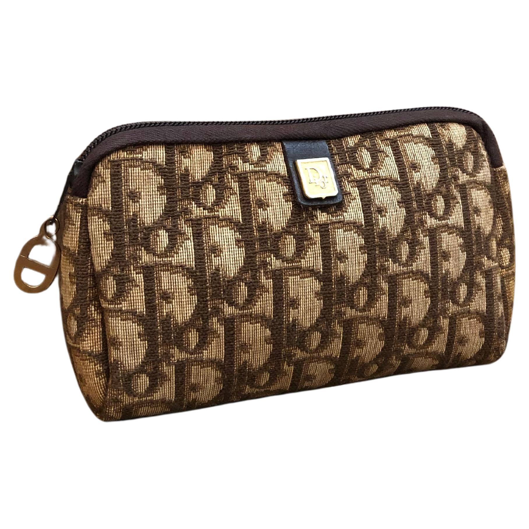 Vintage CHRISTIAN DIOR Mini Jacquard Trotter Vanity Pouch Brown For Sale
