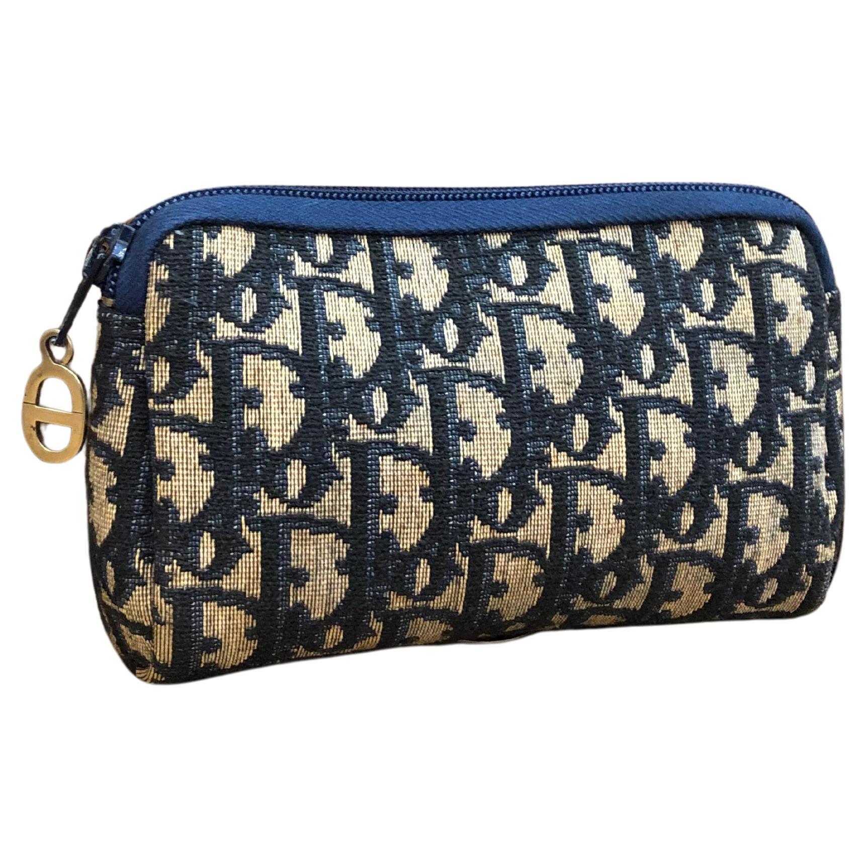 Vintage CHRISTIAN DIOR Mini Jacquard Trotter Vanity Pouch Navy For Sale