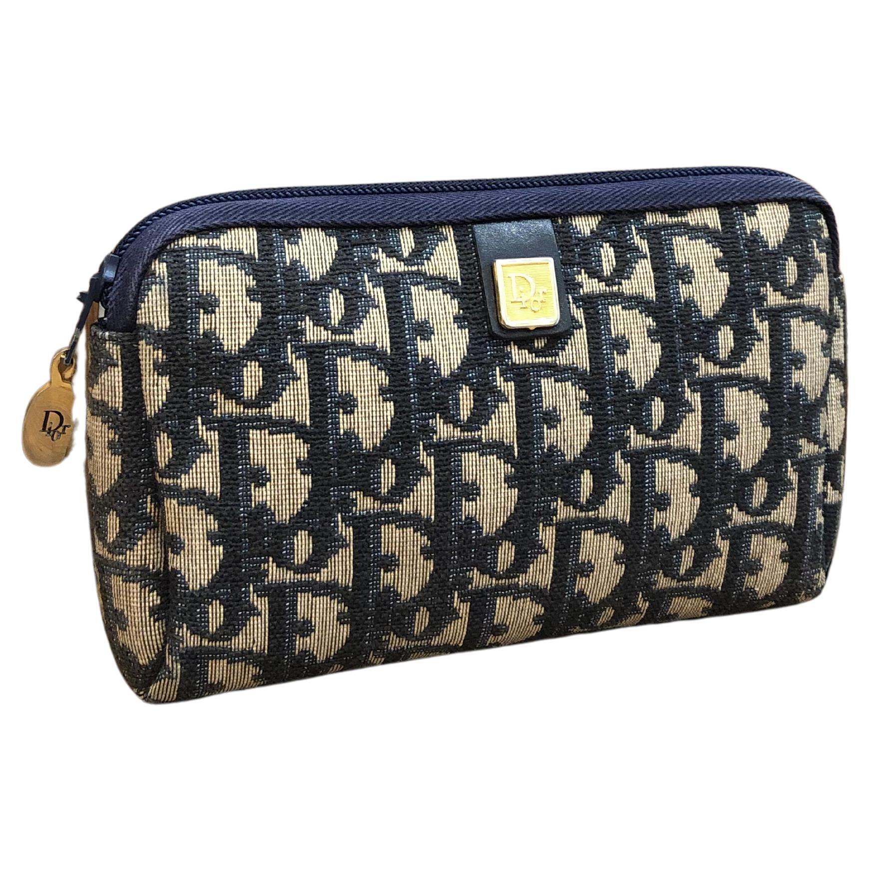 Vintage CHRISTIAN DIOR Mini Jacquard Trotter Vanity Pouch Navy For Sale