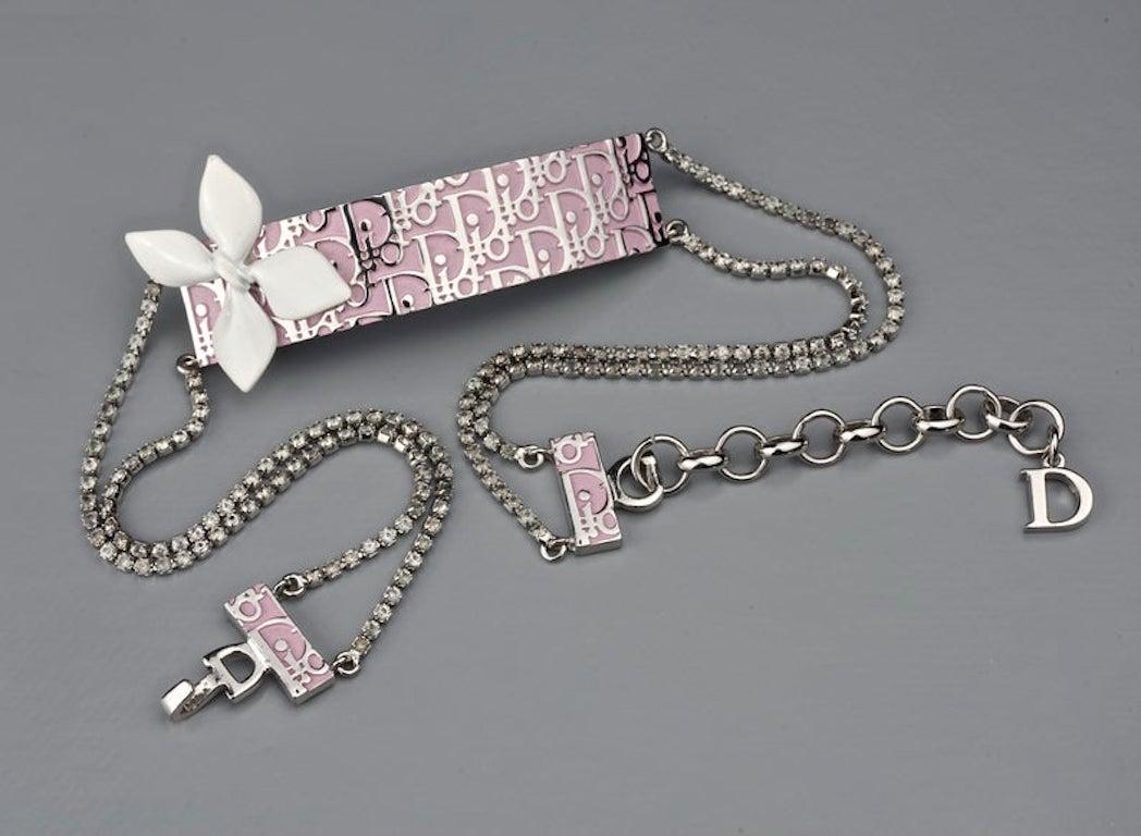 Women's Vintage CHRISTIAN DIOR Monogram Flower Enamel Multi Chain Rhinestone Necklace