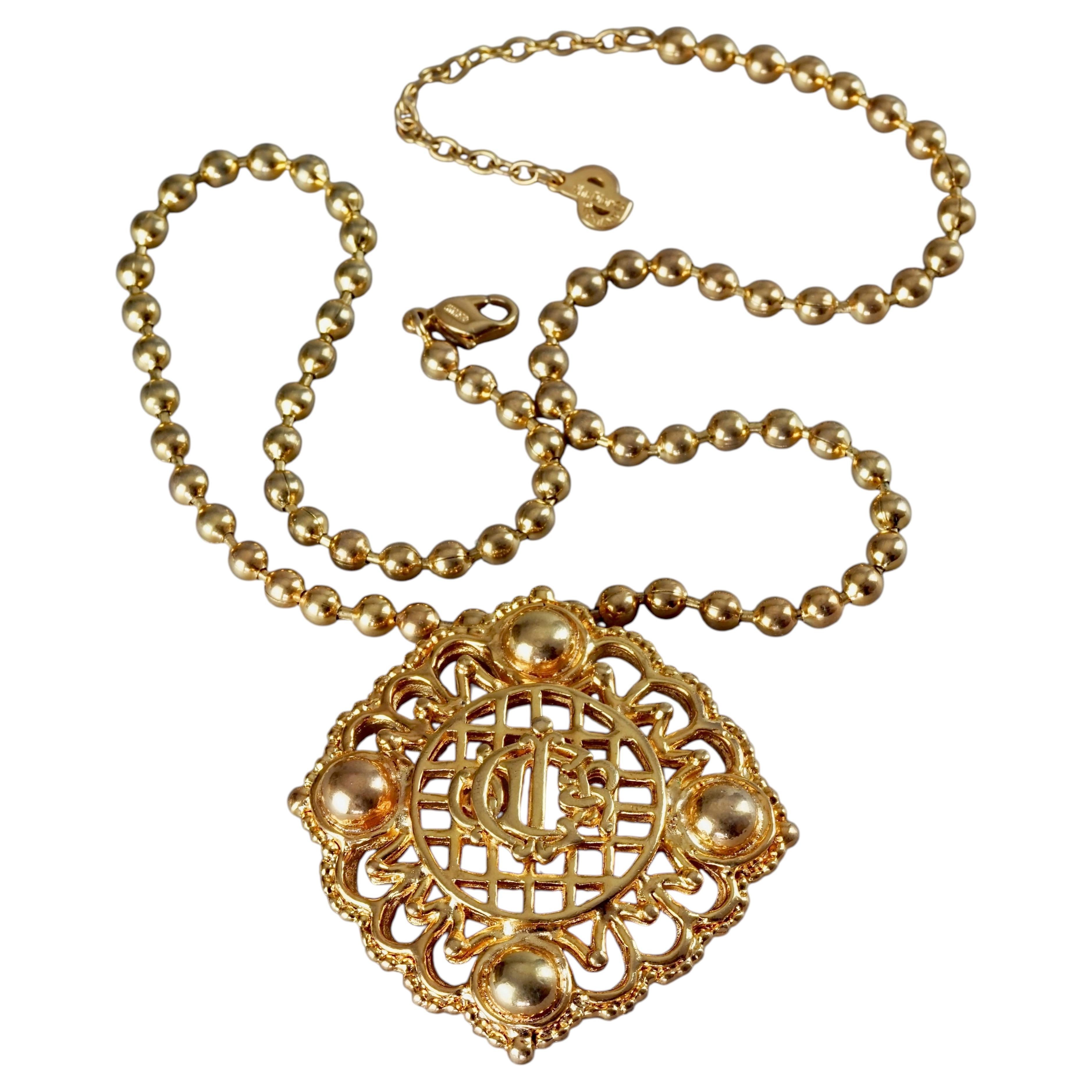 Vintage CHRISTIAN DIOR Monogram Insignia Openwork Pendant Chain Necklace