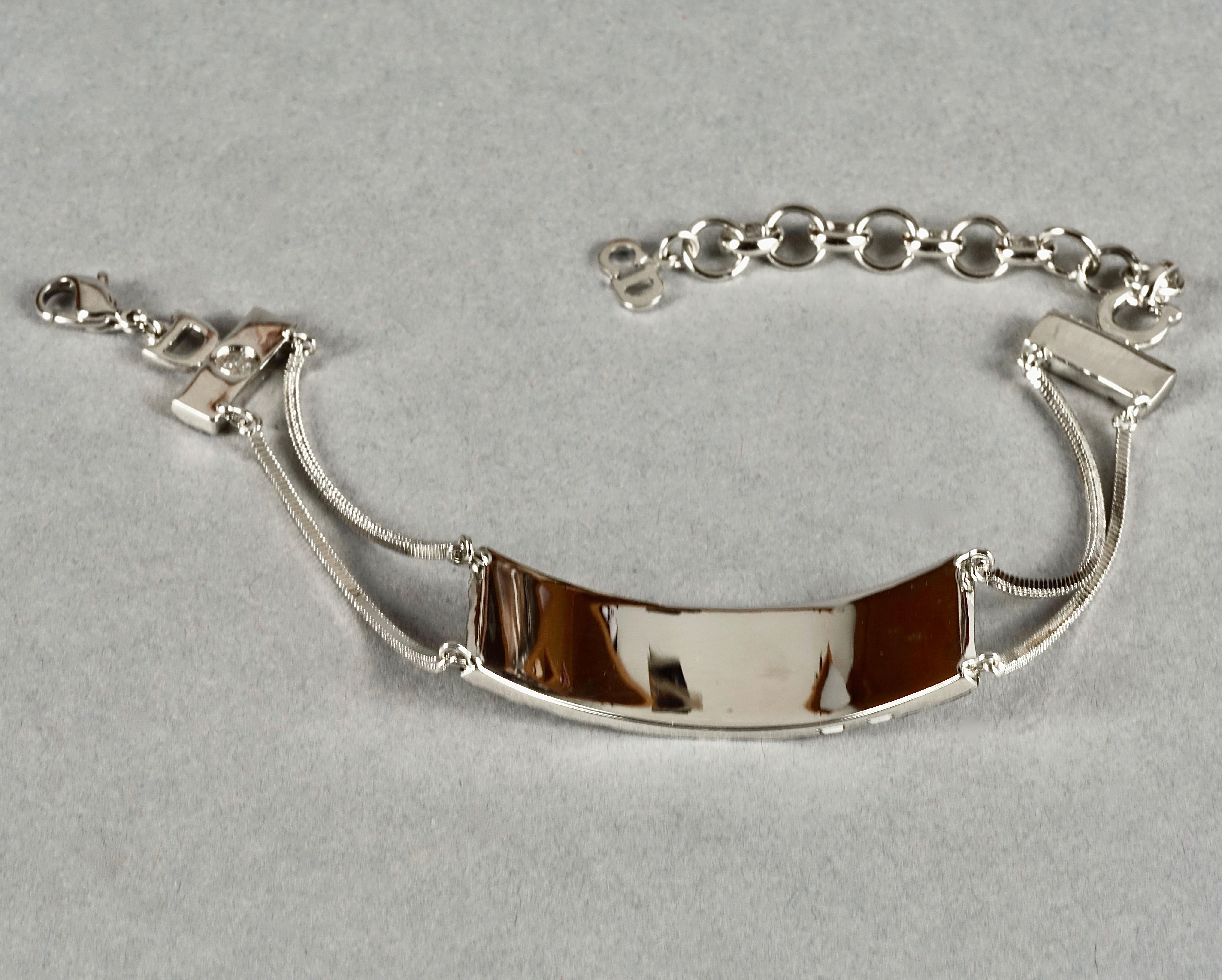 Women's Vintage CHRISTIAN DIOR Monogram Logo Enamel ID Plate Silver Multi Chain Bracelet For Sale