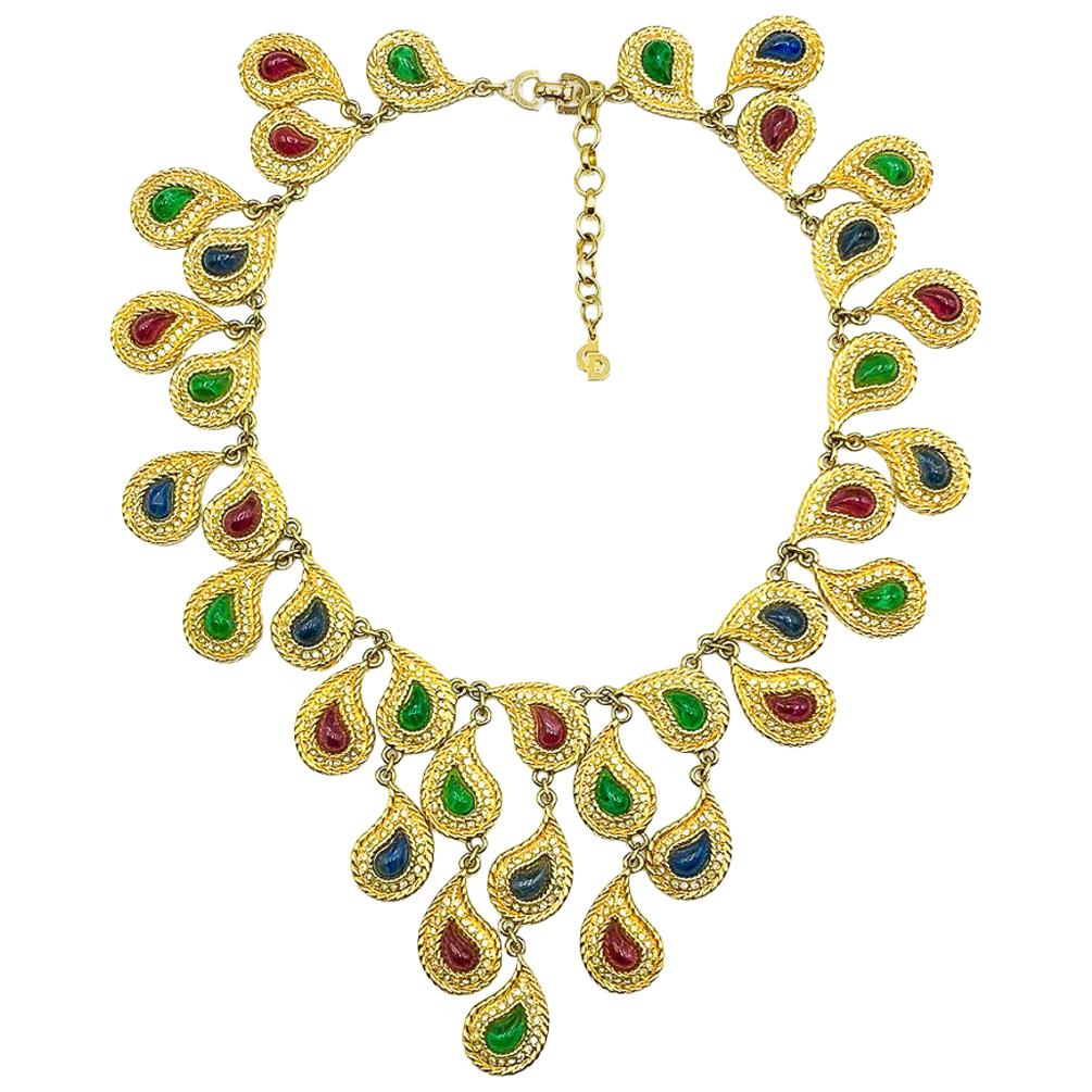 Seltene Vintage Christian Dior Mughal inspirierte Statement Bib-Halskette mit Juwelen 1985 im Angebot
