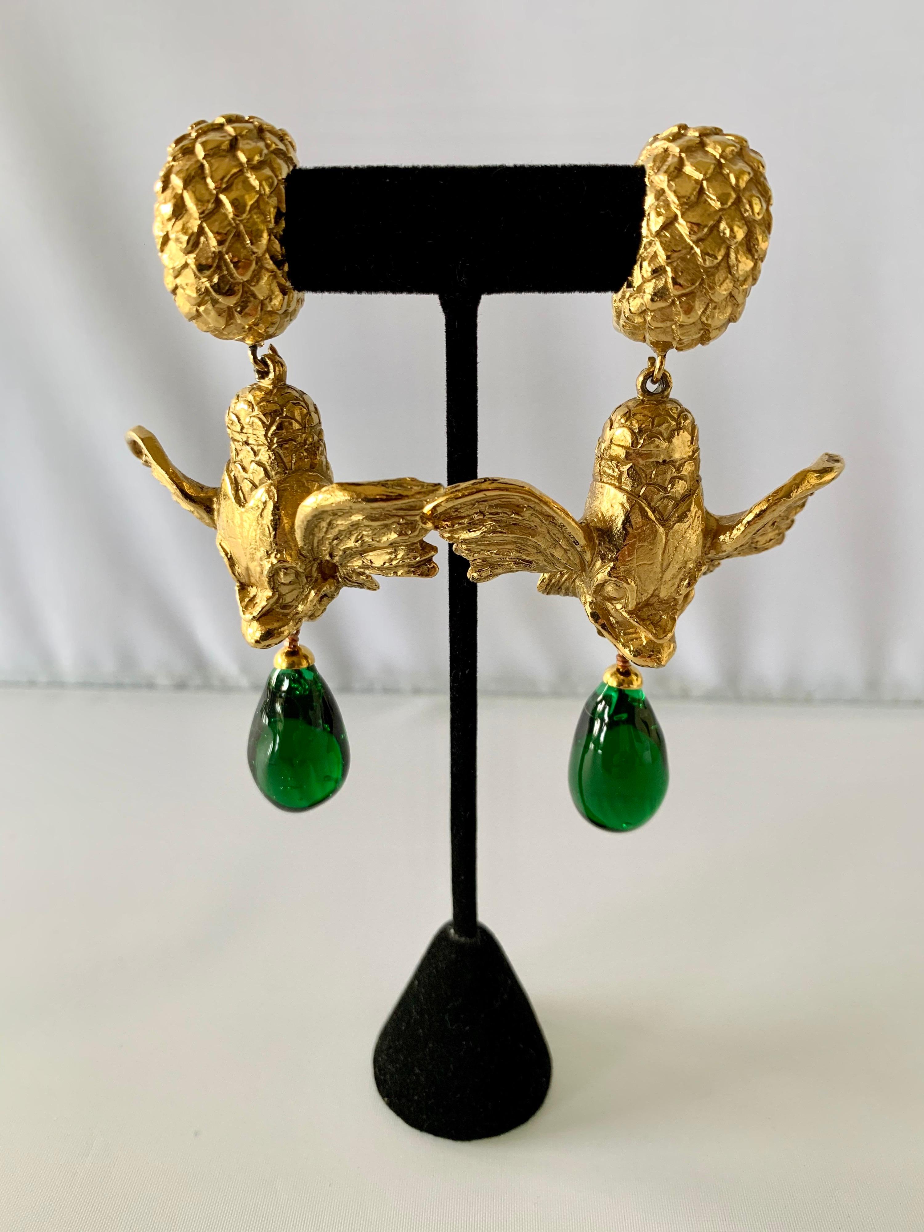Scarce ornate gilt metal mythical fish and green dangle 