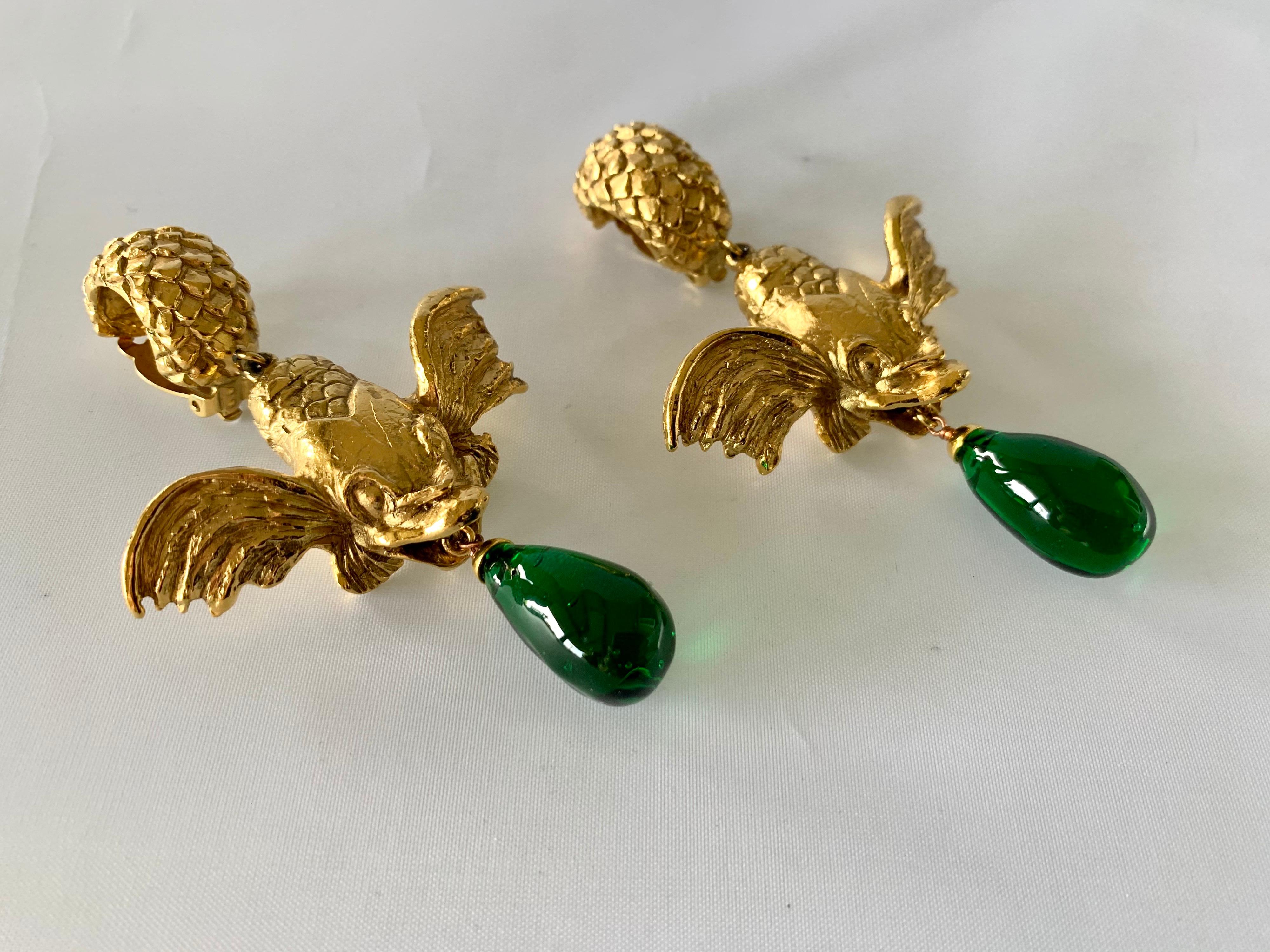 Vintage Christian Dior Mythical Fish Gilt Earrings  In Excellent Condition In Palm Springs, CA