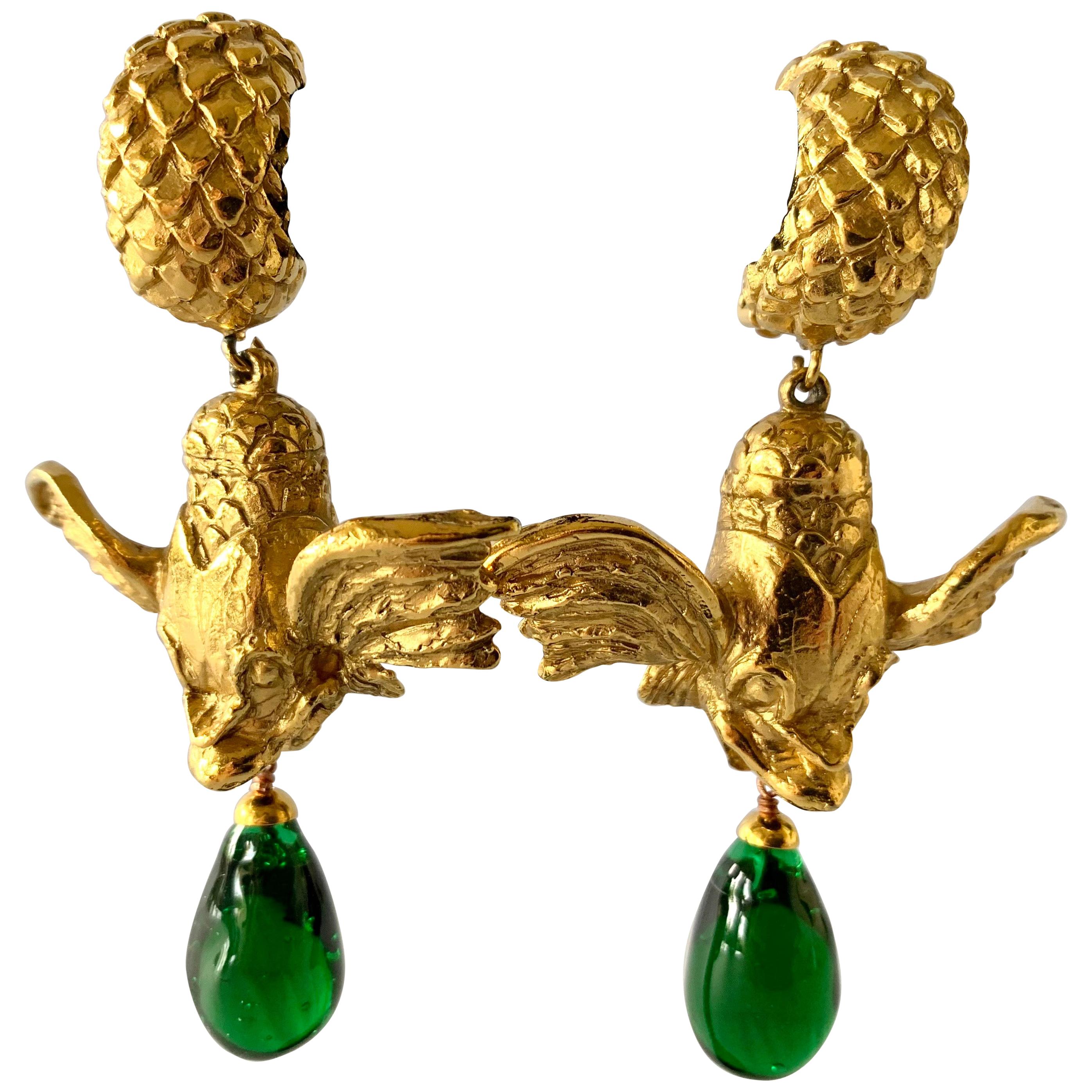 Vintage Christian Dior Mythical Fish Gilt Earrings 