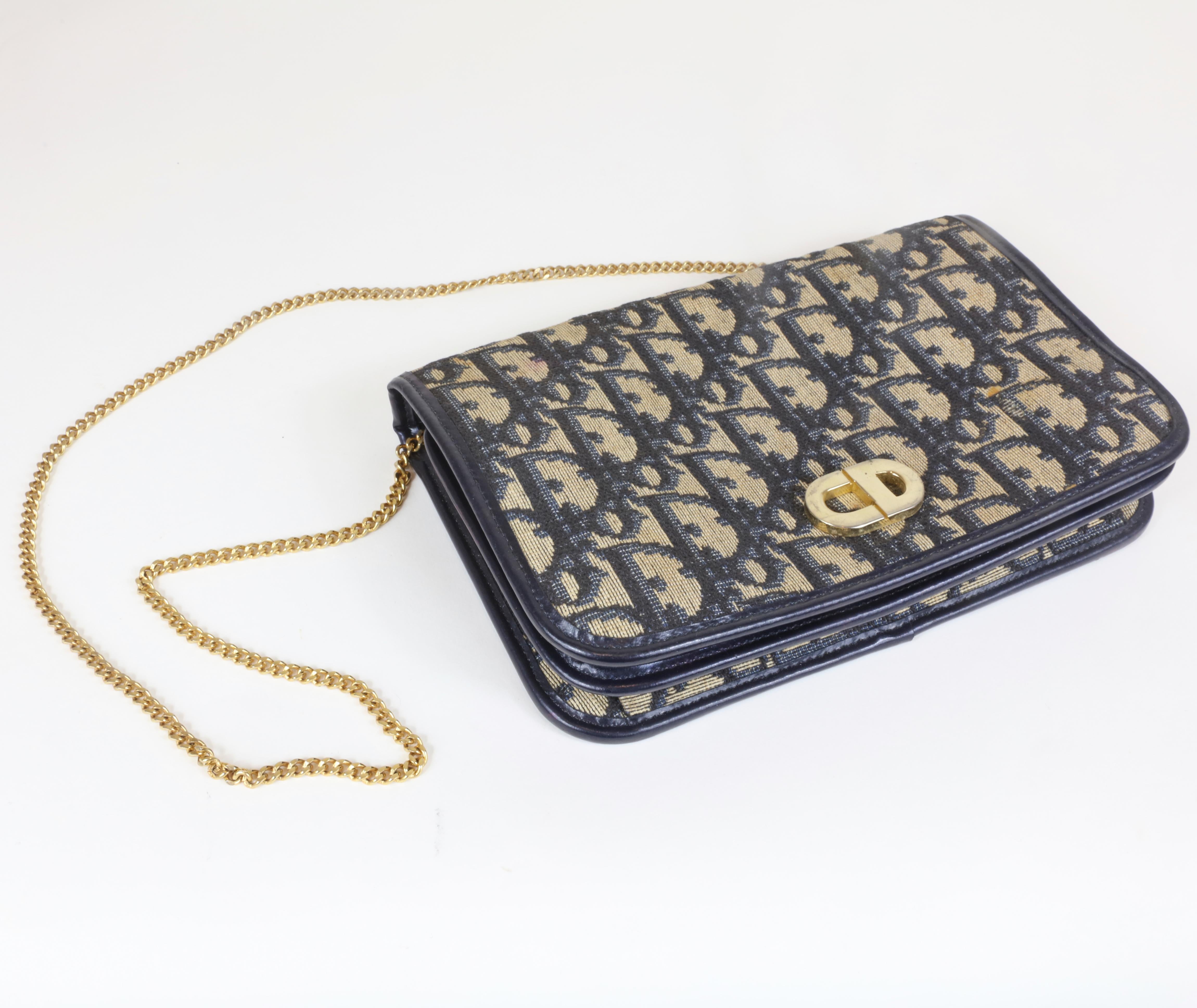 Gray Vintage Christian Dior Navy Leather/Cloth Clutch with Chain Strap