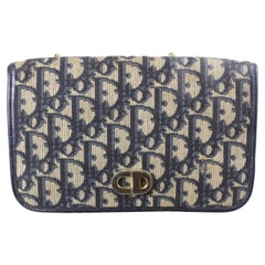 Retro Christian Dior Navy Leather/Cloth Clutch with Chain Strap