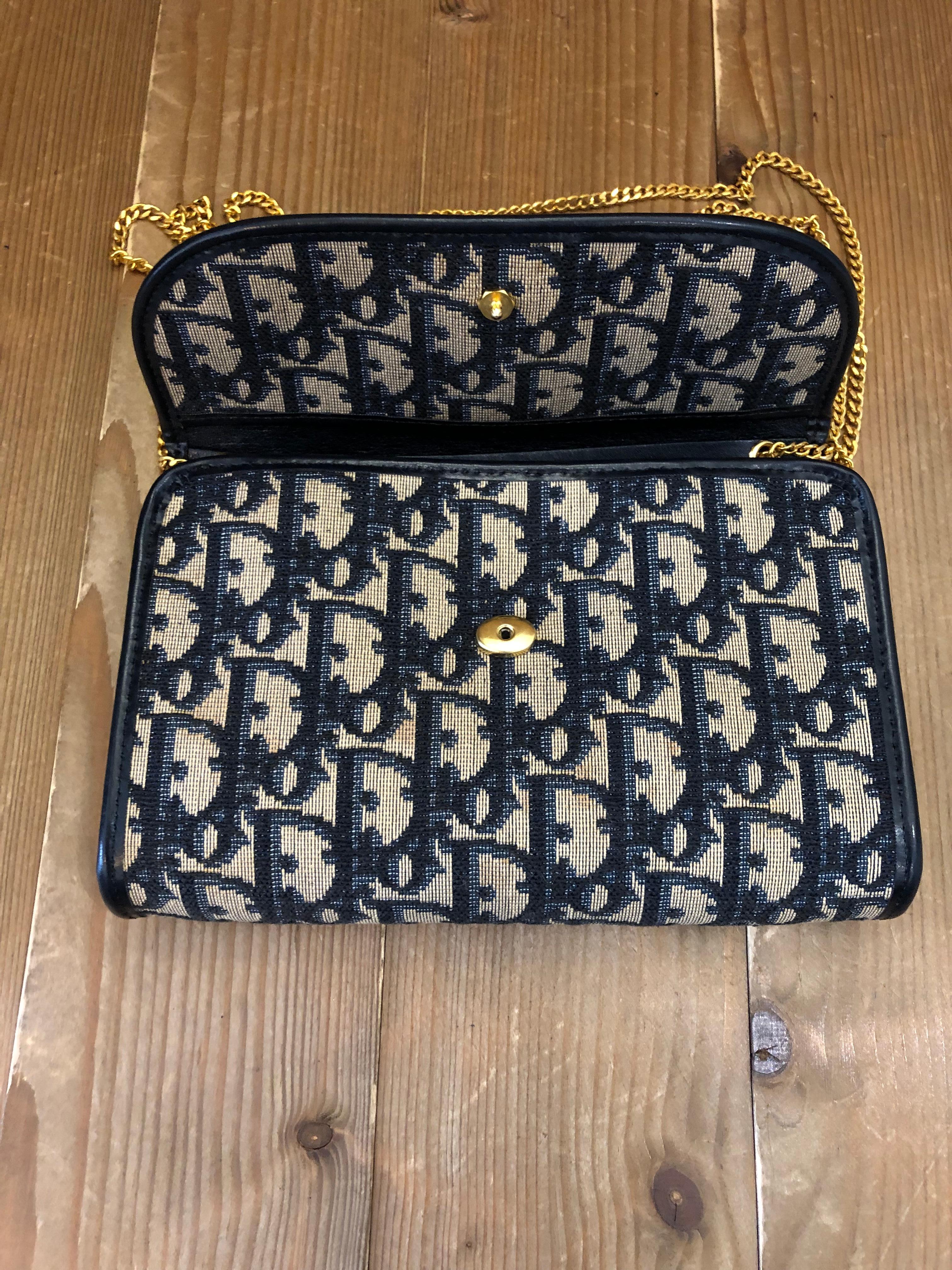 Vintage CHRISTIAN DIOR Navy Trotter Jacquard Chain Bag Small For Sale 4