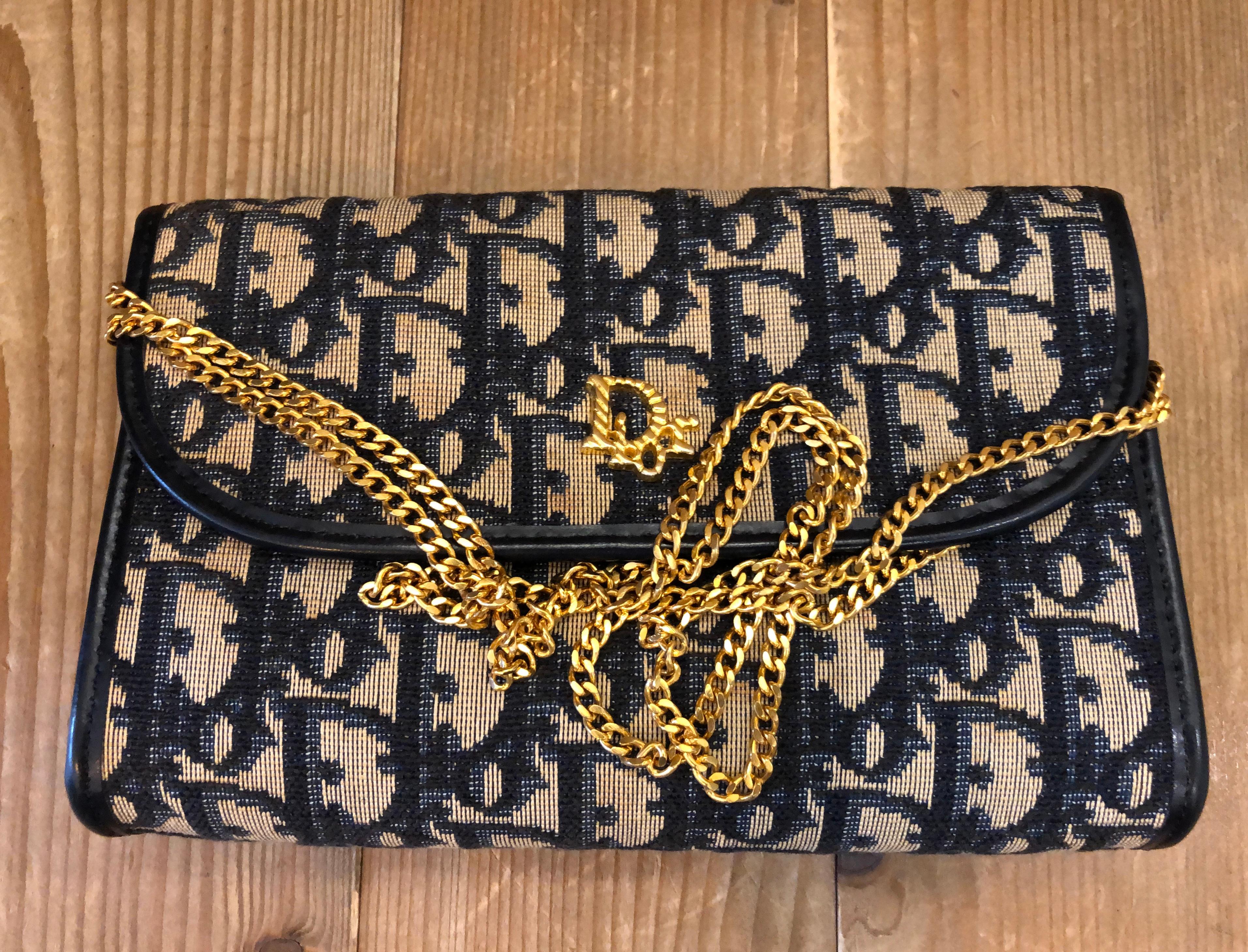 Vintage CHRISTIAN DIOR Navy Trotter Jacquard Chain Bag Small For Sale 3