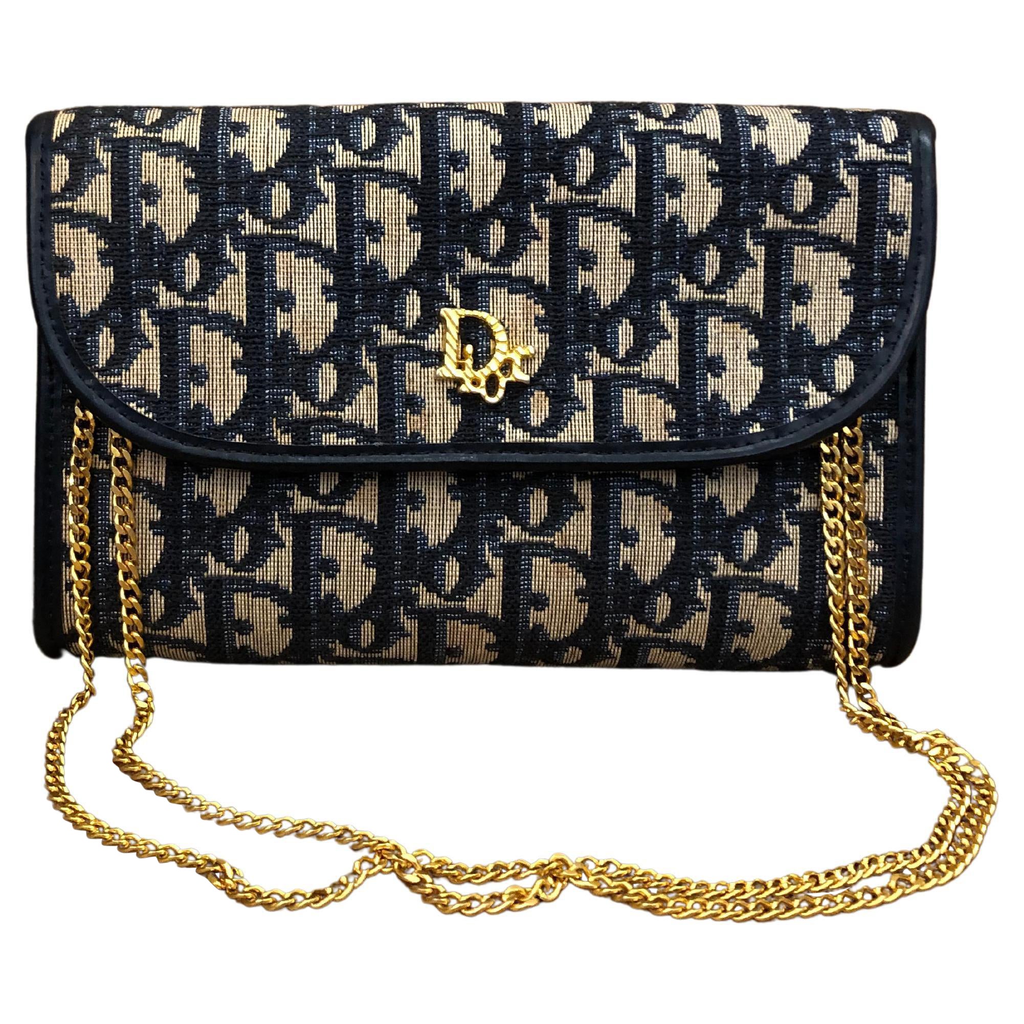 CHRISTIAN DIOR Marineblaue Trotter-Jacquard-Kette Tasche mit Kette im Angebot