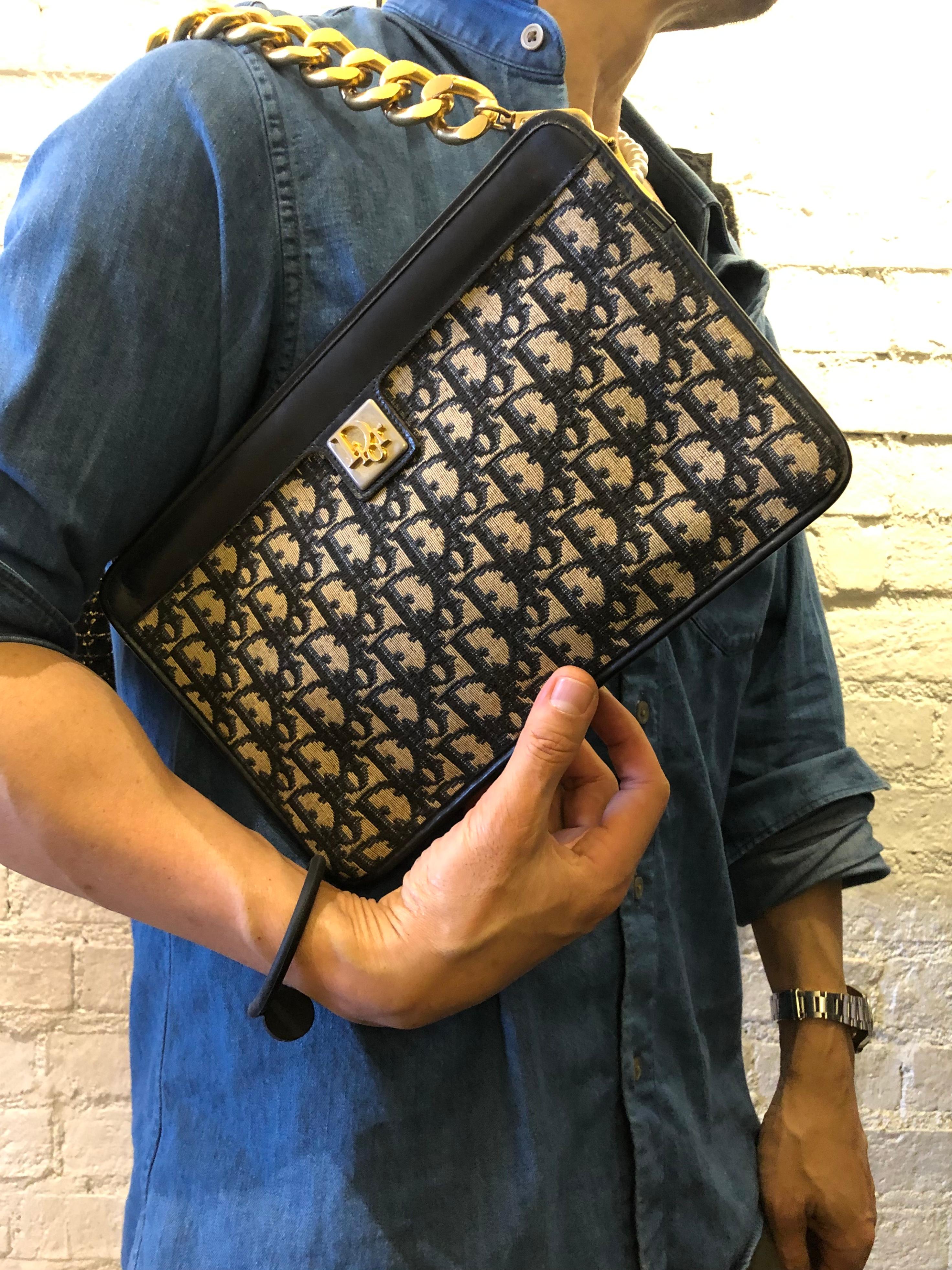 Vintage CHRISTIAN DIOR Navy Trotter Jacquard Clutch Bag (Altered) 4