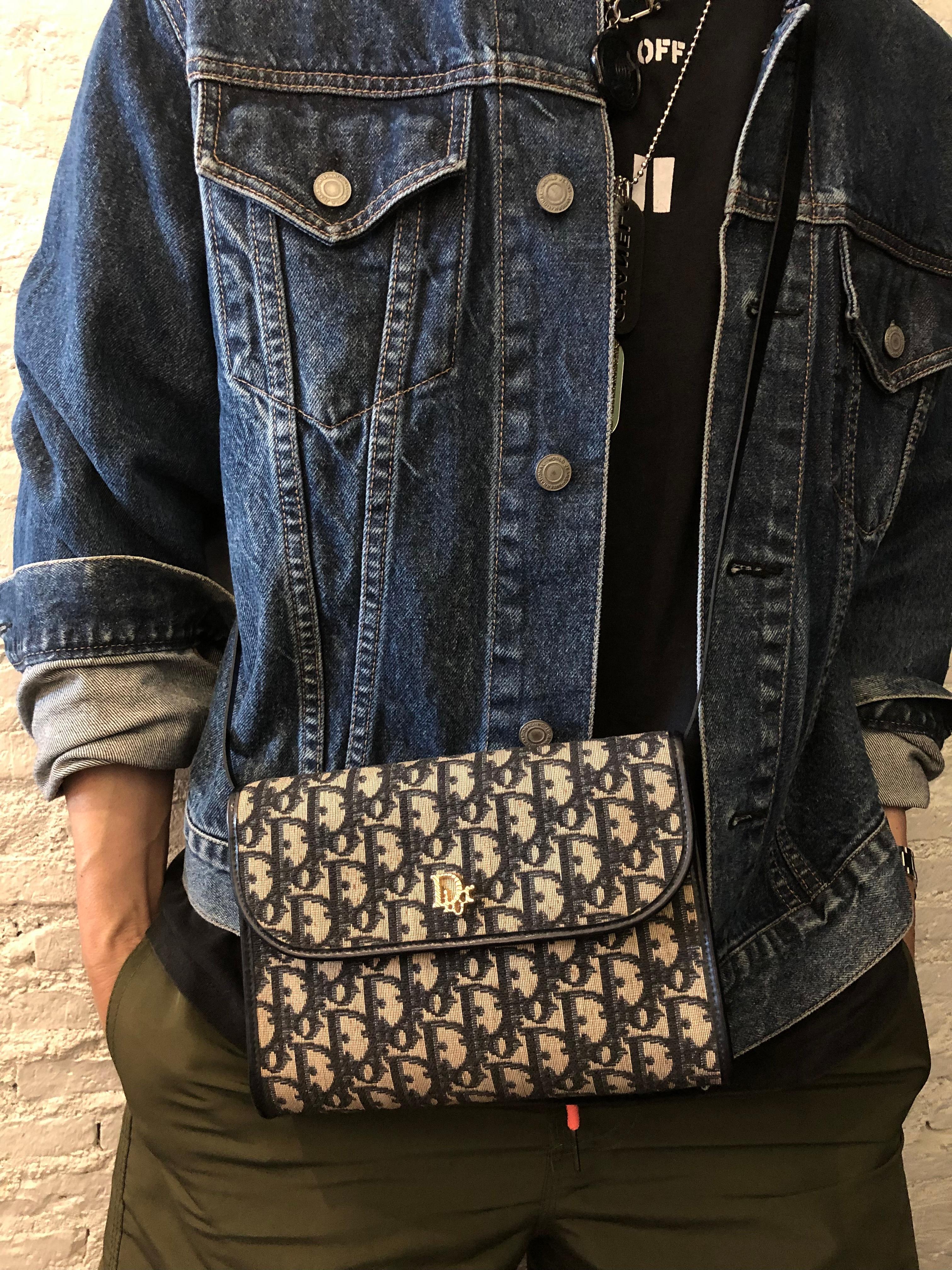 Vintage CHRISTIAN DIOR Navy Trotter Jacquard Crossbody Bag In Good Condition In Bangkok, TH