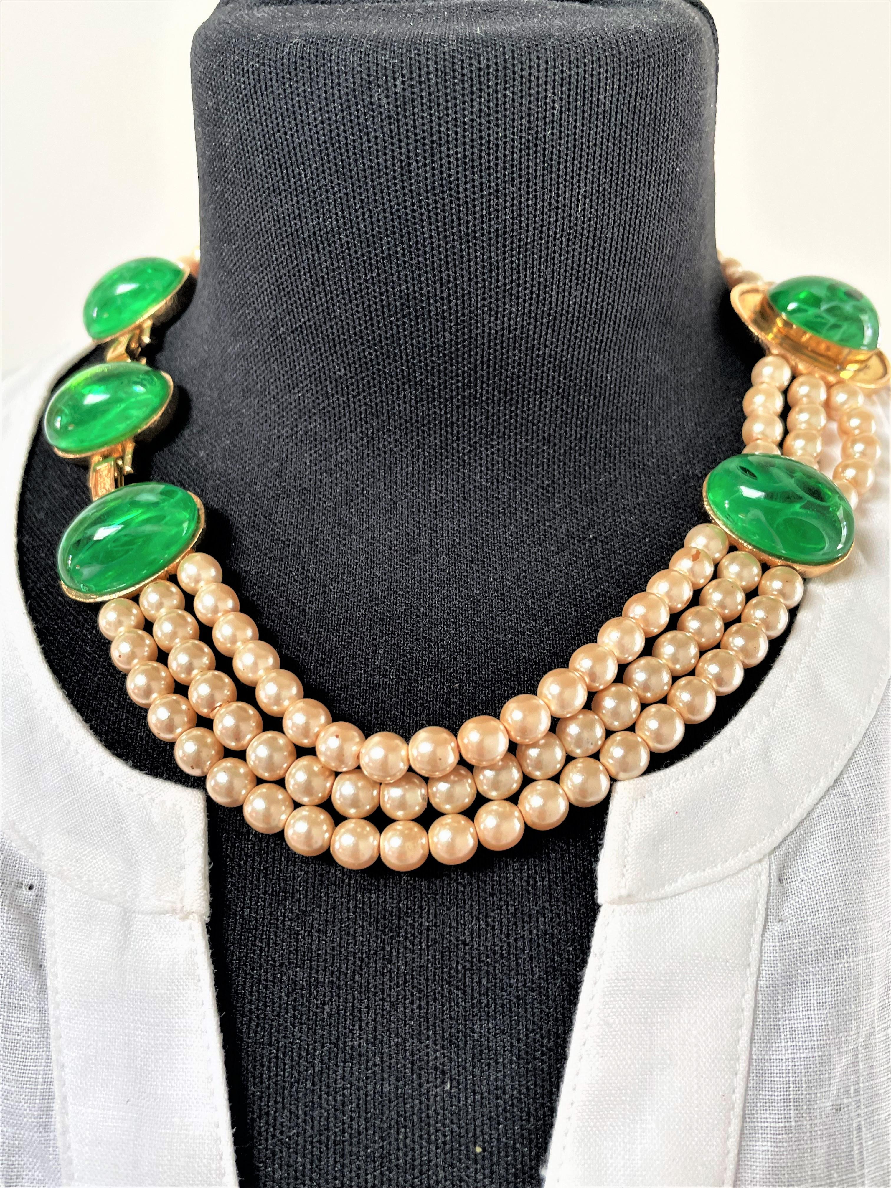 Round Cut Vintage Christian Dior necklace 1970-80 faux pearls with green  Gripoix
