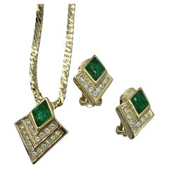 Used Christian Dior Necklace and Earrings Jewellery Set Green Deco Style