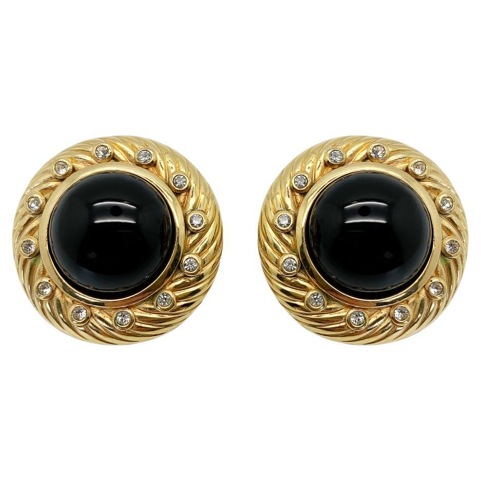 Vintage Christian Dior Onyx Glass & Crystal Earrings 1980s For Sale