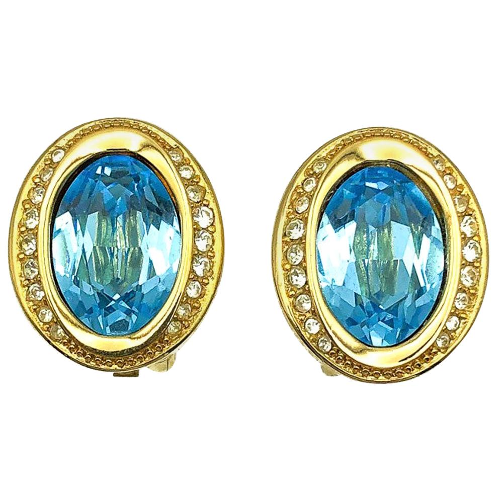 Vintage Christian Dior Oval Aqua Blue Crystal Earrings 1980s  For Sale