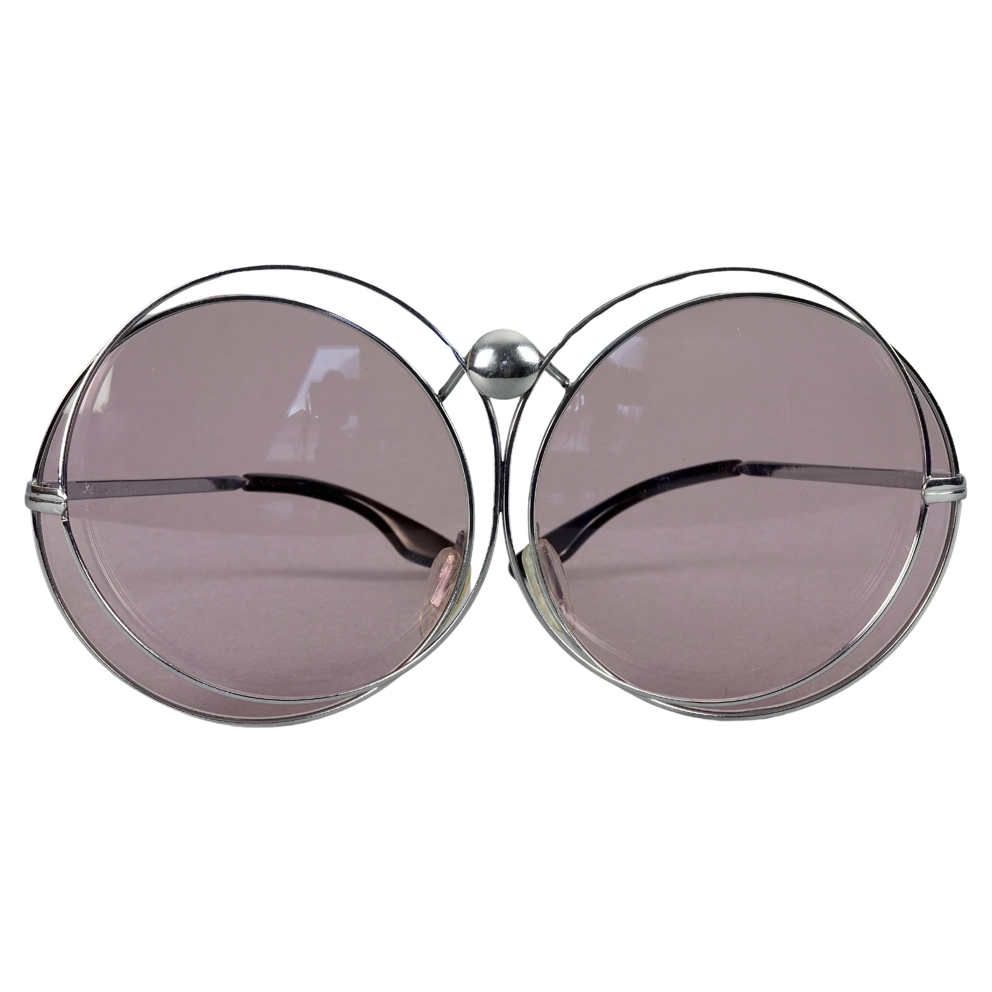 Vintage CHRISTIAN DIOR Oversized Purple Round Interlocked Silver Sunglasses For Sale