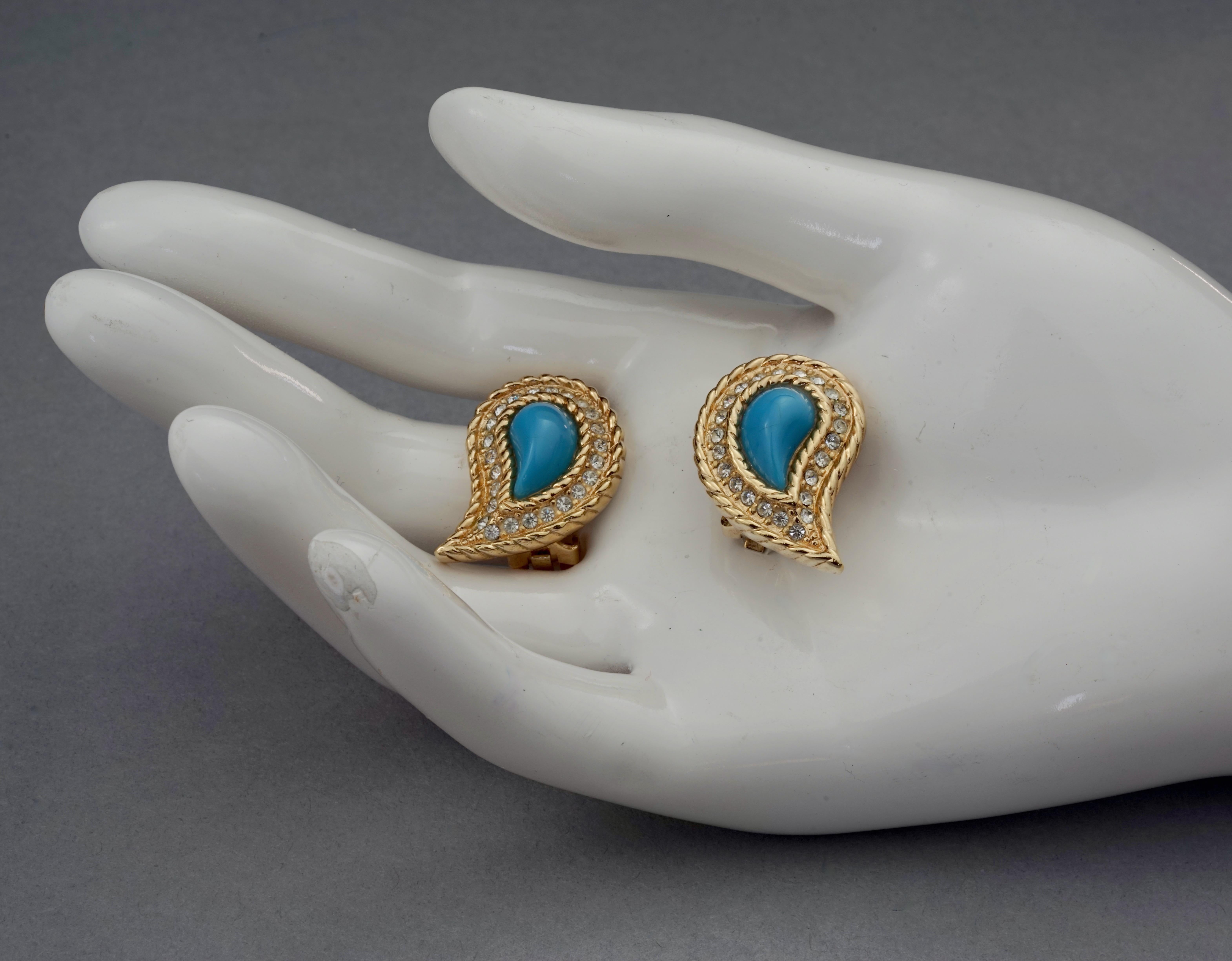 Vintage CHRISTIAN DIOR Paisley Turquoise Cabochon Rhinestone Earrings For Sale 1