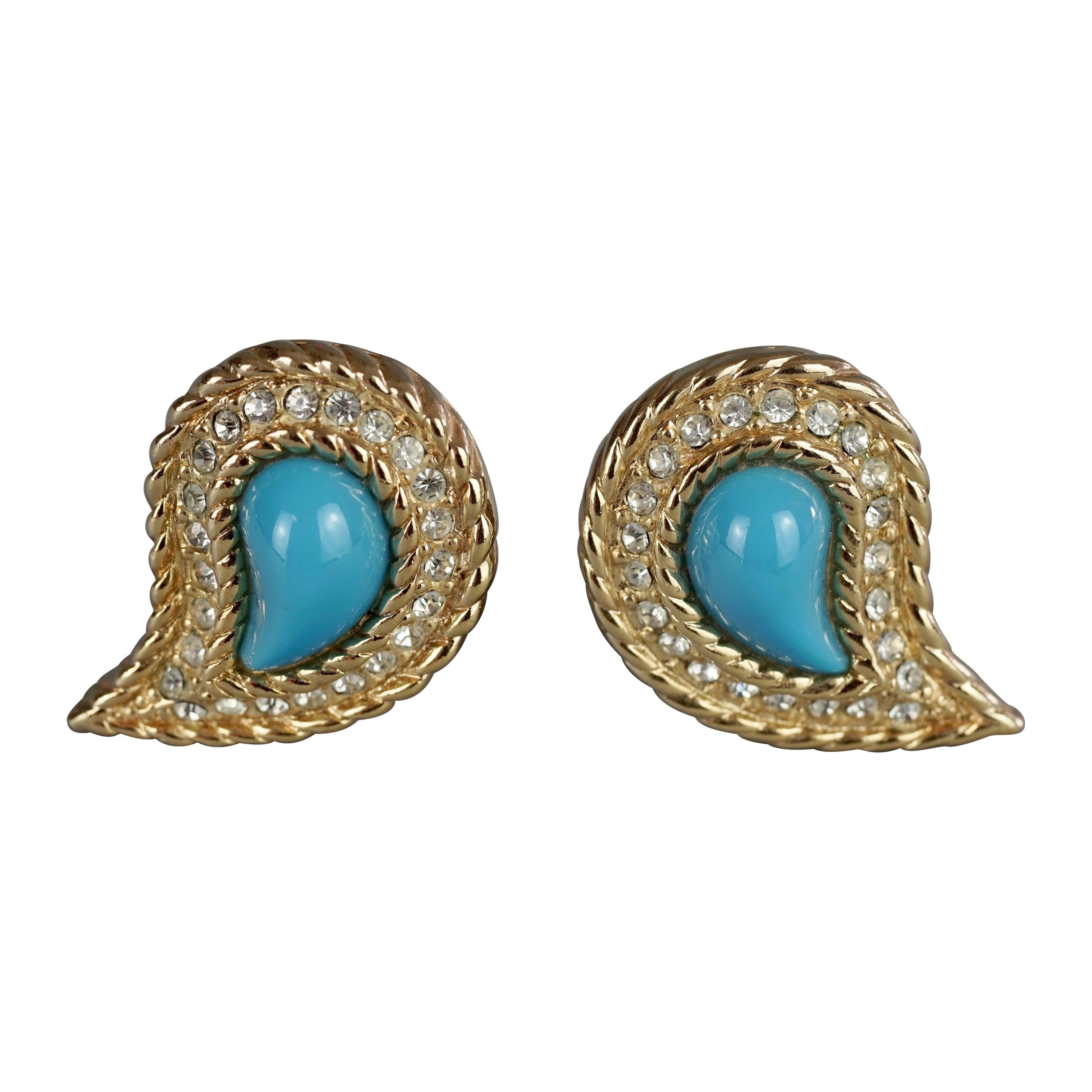 Vintage CHRISTIAN DIOR Paisley Turquoise Cabochon Rhinestone Earrings For Sale